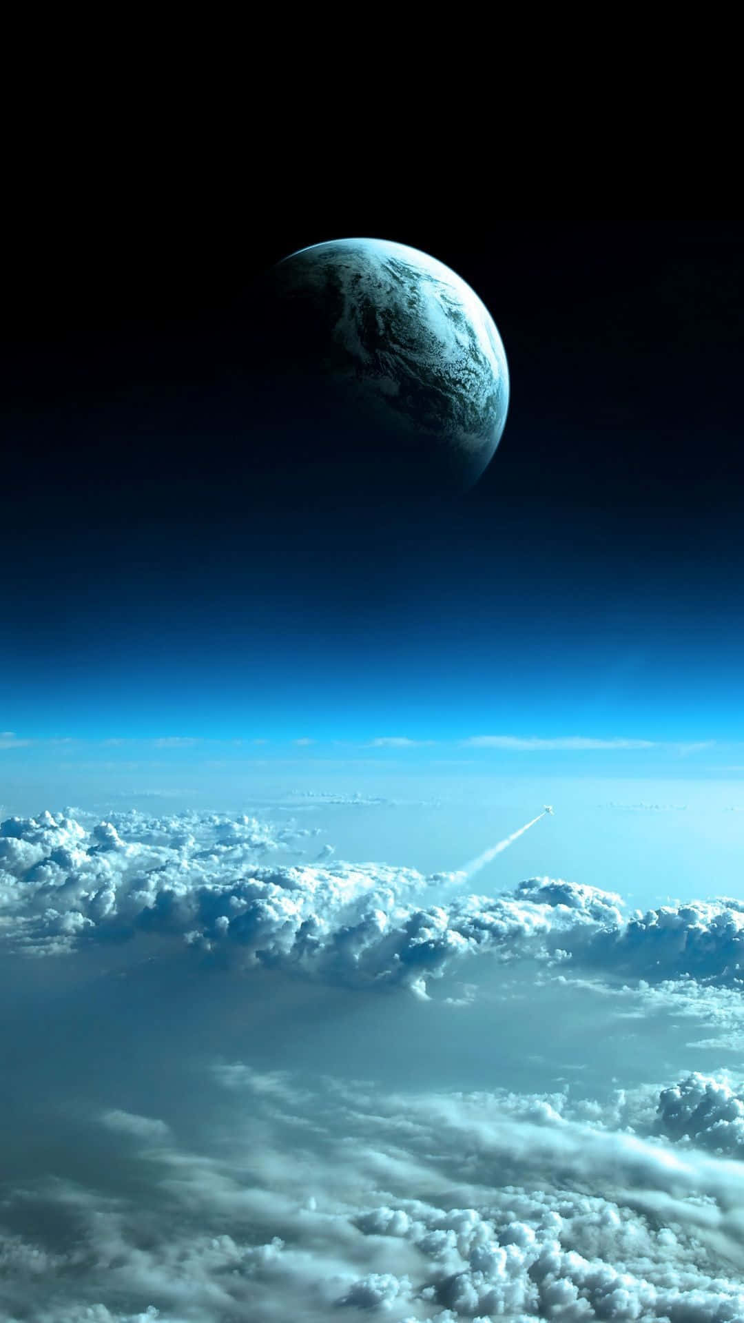 主畫面 桌布 壁紙 — 一枚火箭劃破雲層，朝向從太空看到的發光藍色地球。