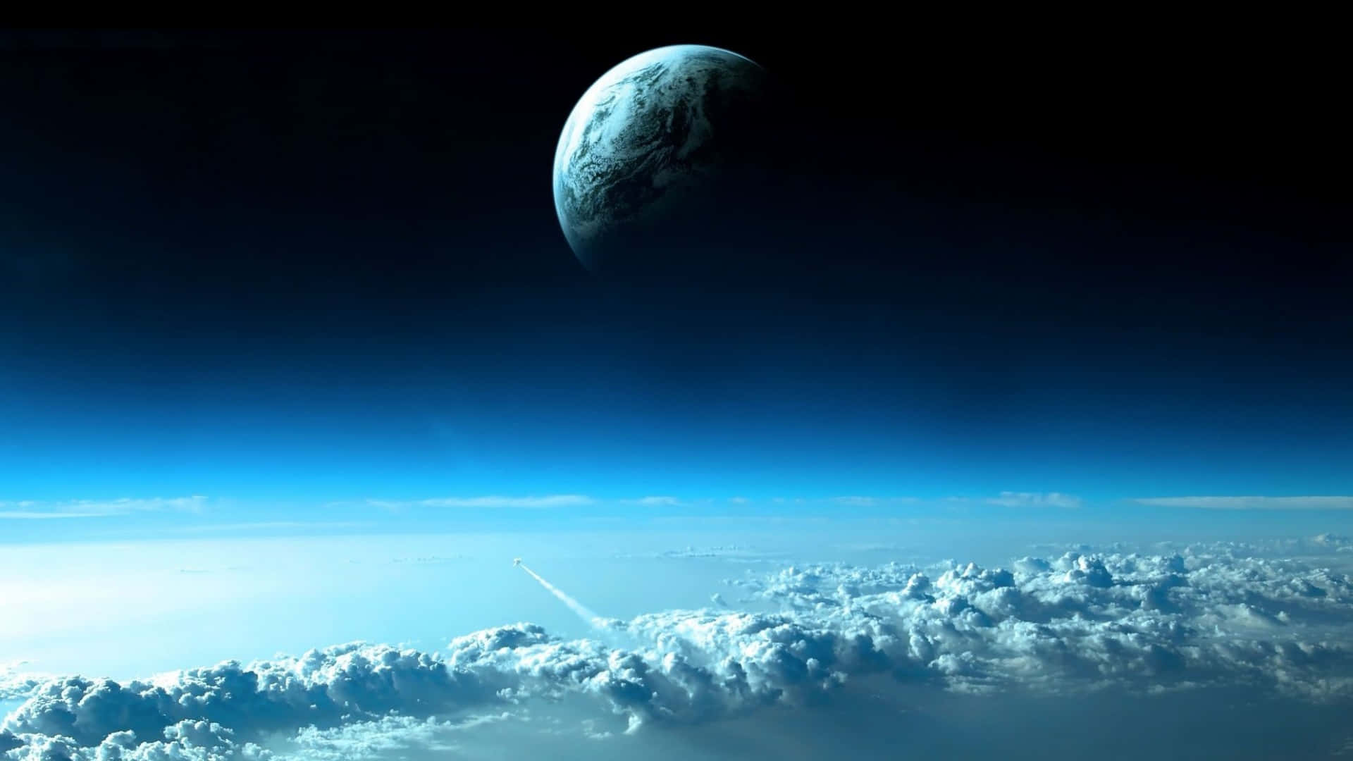 美麗高畫質 桌布 壁紙 — 一枚火箭劃破雲層，衝向懸掛在黑暗宇宙中的一顆發光藍色星球。
