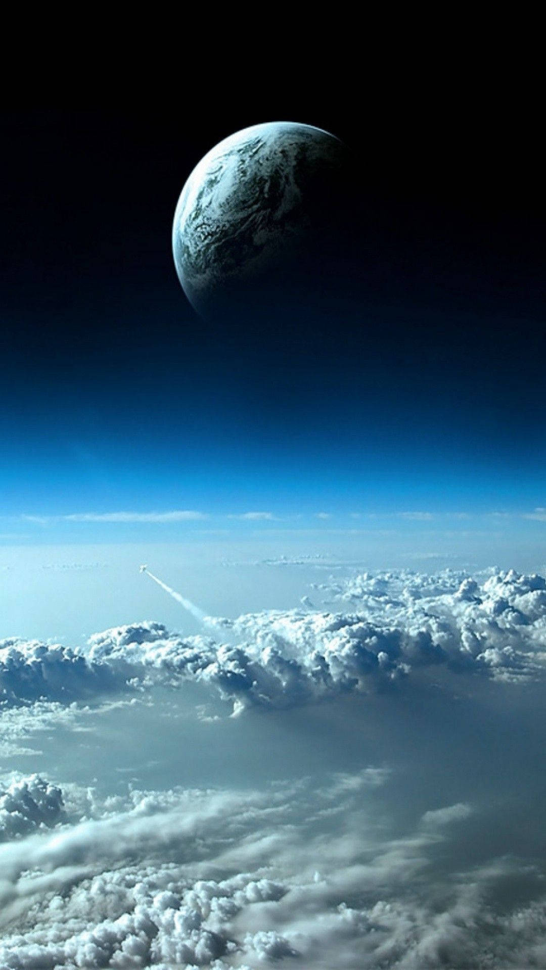 雲朵 桌布 壁紙 — 一枚火箭劃過蓬鬆的白雲，朝向遙遠的藍白行星，背景是深邃的黑色天空。