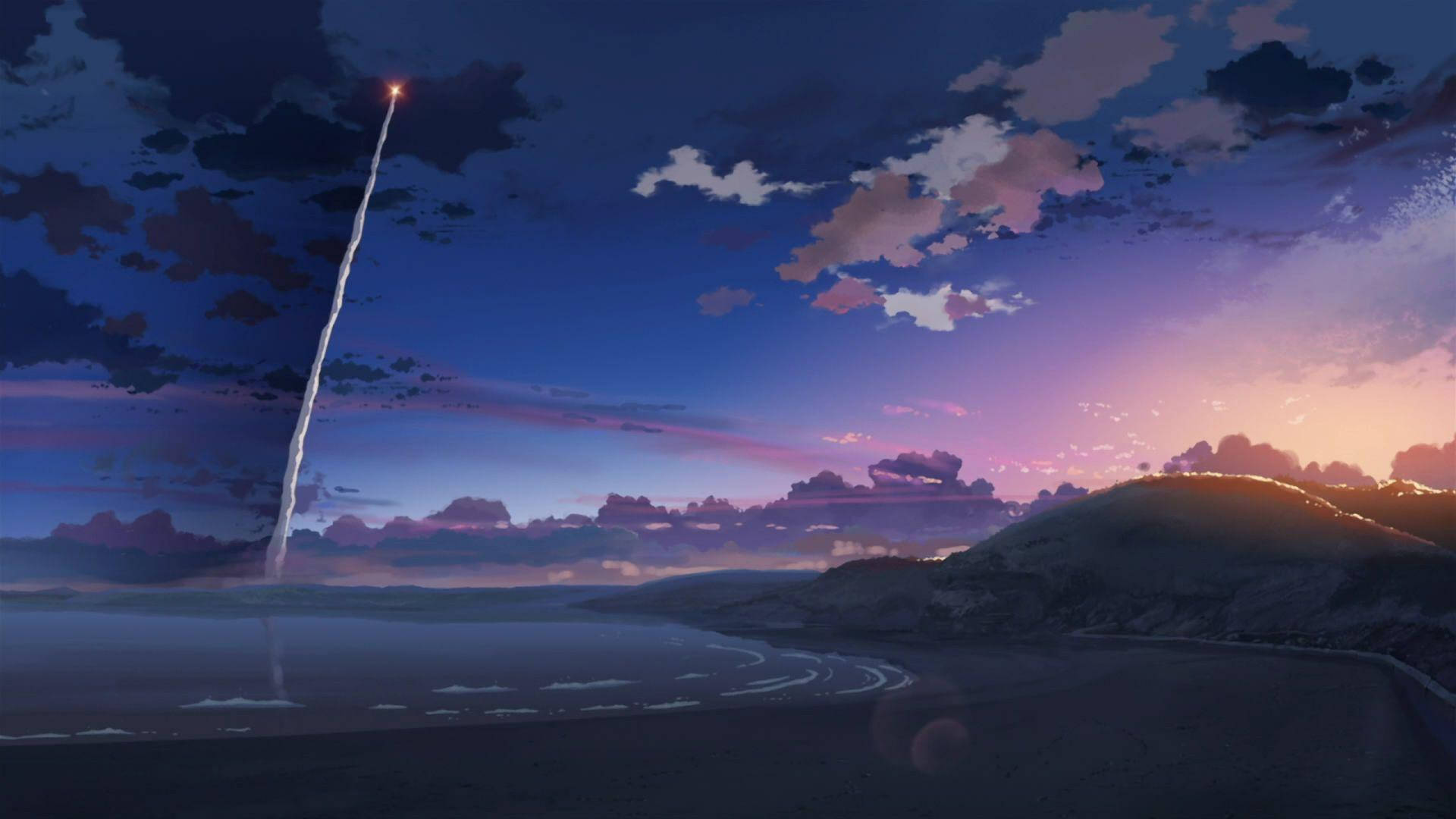 暮色中海灘上空的火箭發射，紫色和藍色的天空。 — 5K 壁紙