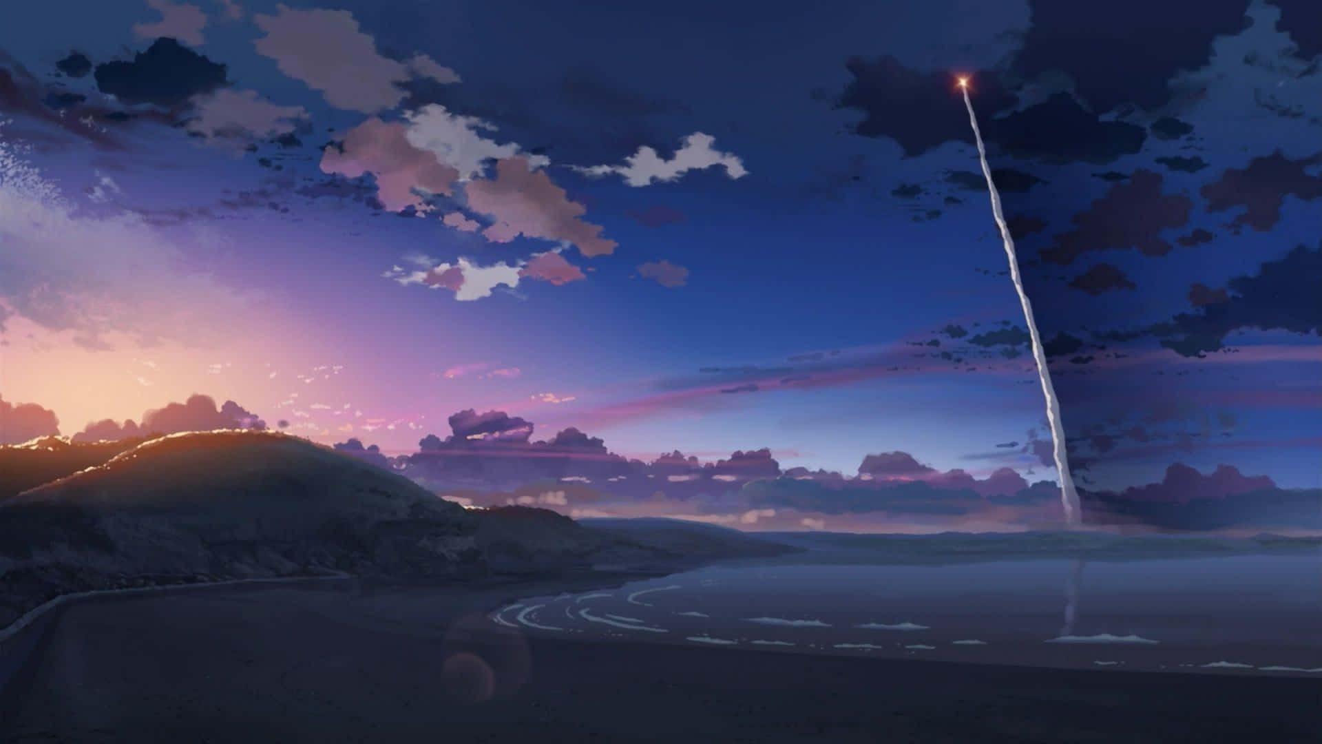 動漫 桌布 壁紙 — 一枚火箭在暮色天空中發射，下方是平靜的海岸景觀，帶有紫色和粉紅色的雲彩。