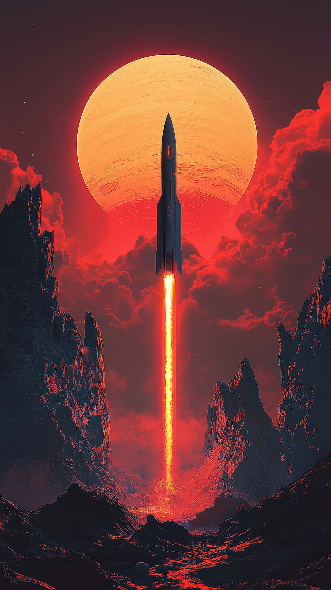 Futuristic rocket launch on an alien planet with a massive sun and red sky 壁紙 — 一枚火箭在深紅色的天空中上升，背後是鋸齒狀的外星山脈和一顆巨大的橙色太陽。