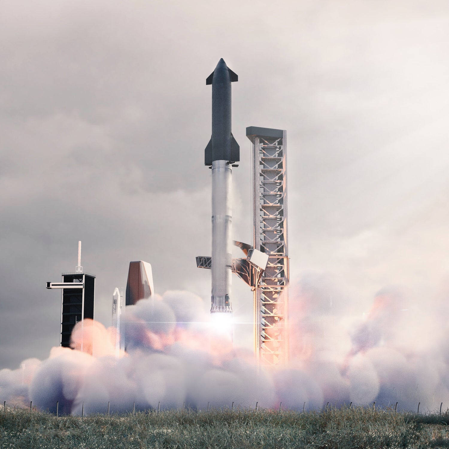 Spacex Starship 桌布 壁紙 — 一枚火箭在發射台上，伴隨著熾熱的推力和滾滾濃煙，衝向多雲的天空。
