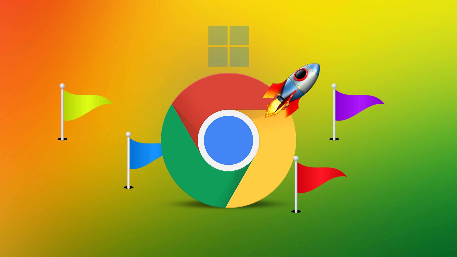 Chrome 桌布 壁紙 — 一枚火箭從Chrome標誌發射，周圍環繞著色彩繽紛的旗幟，背景是充滿活力的漸變色。