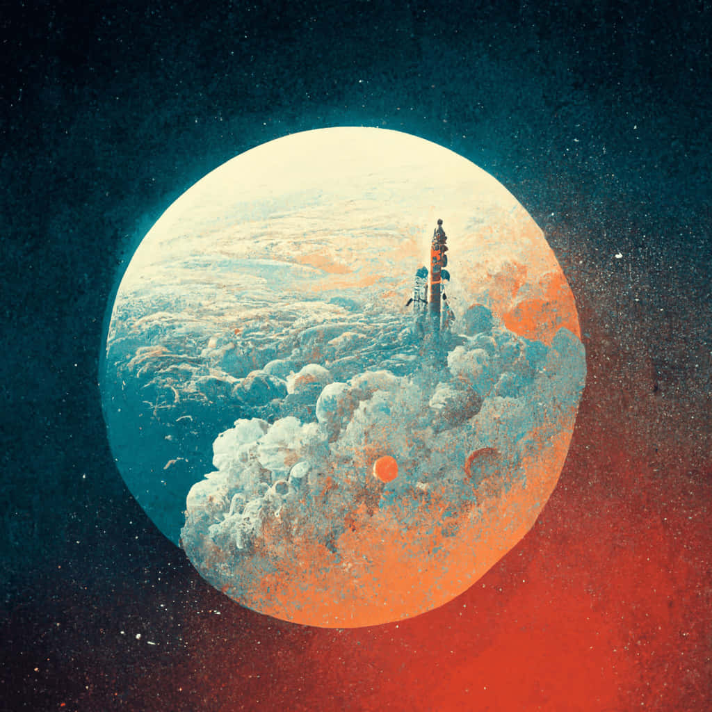 Midjourney 桌布 壁紙 — 一枚火箭從一個被旋轉雲層包裹的行星發射，背景是帶有紅色和藍綠色調的星空宇宙。