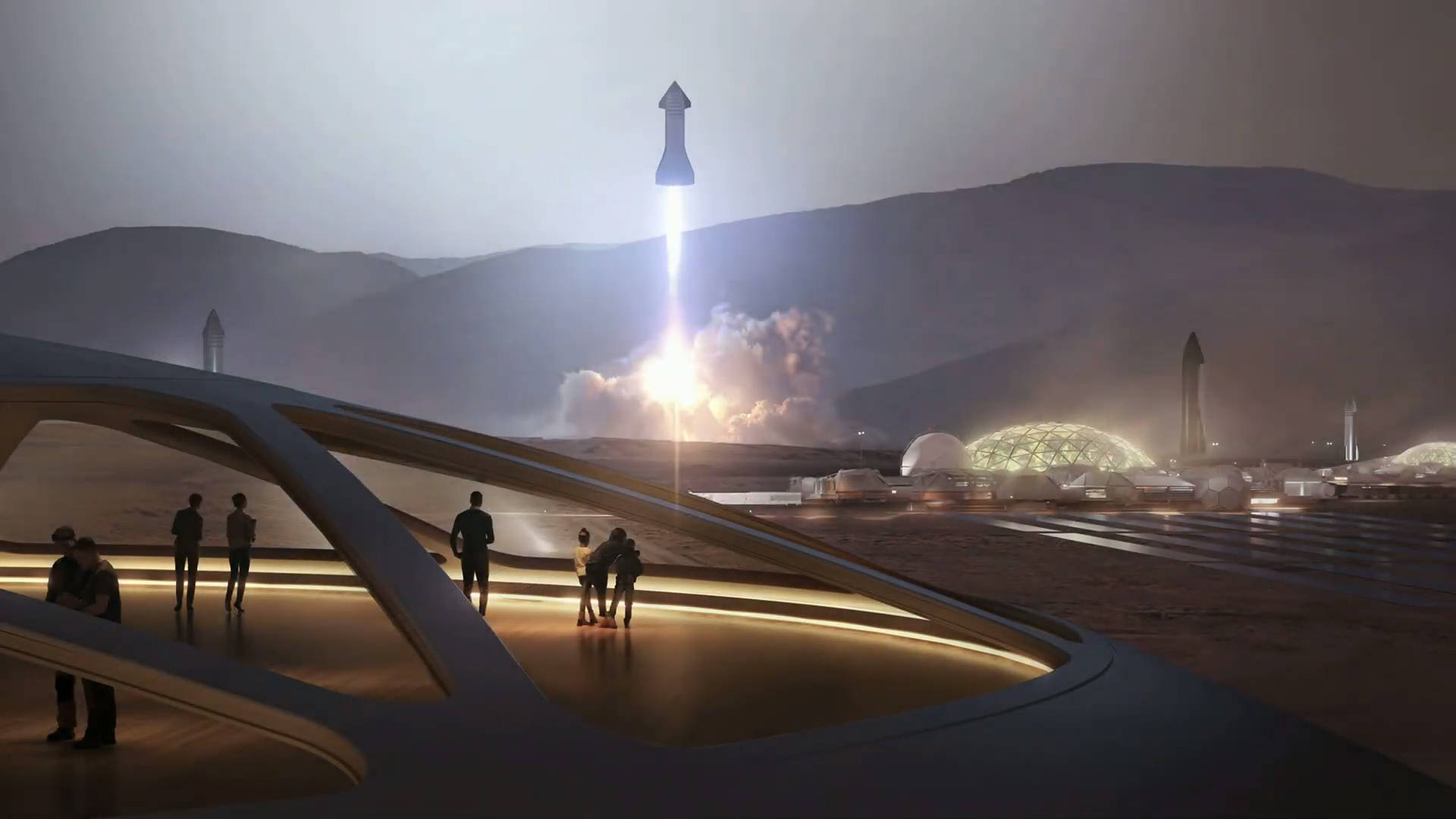 Spacex Starship 桌布 壁紙 — 一枚火箭從未來火星基地發射，剪影人物在發光的觀景台上觀看。