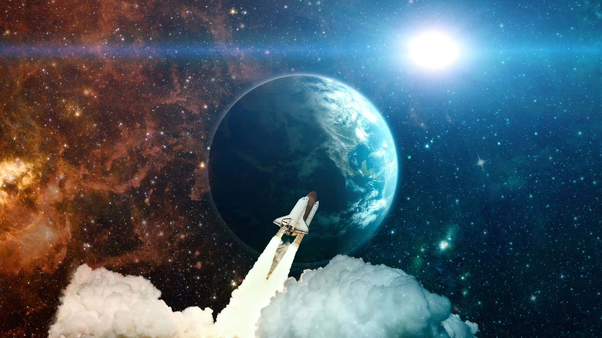 行星動畫 桌布 壁紙 — 一枚火箭從雲層中發射向地球，背景是充滿星星和星雲的鮮豔宇宙。