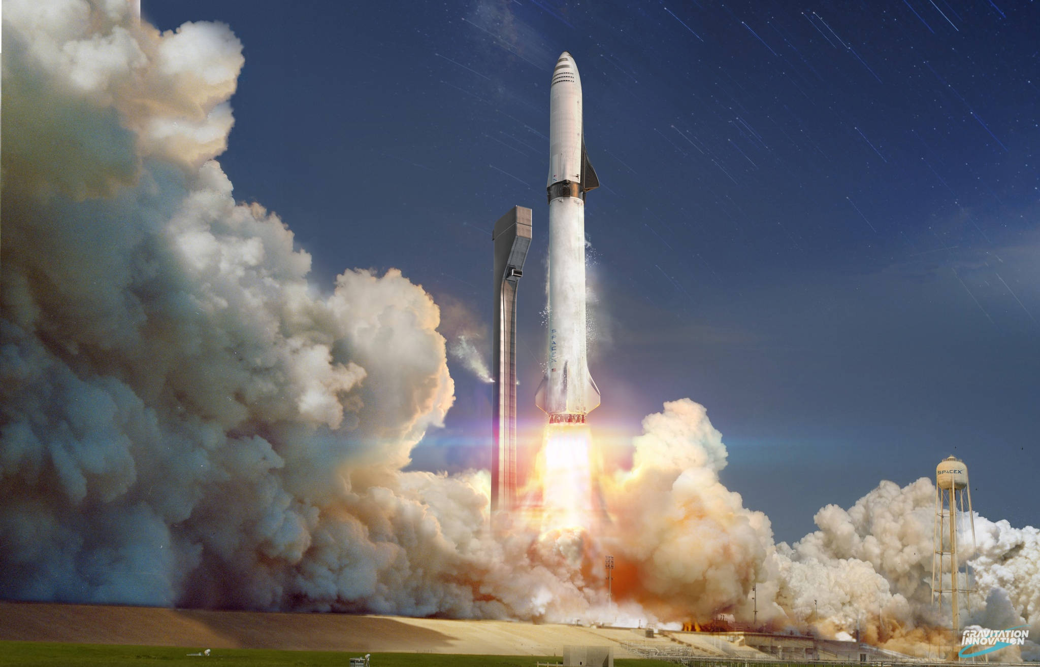 Spacex Starship 桌布 壁紙 — 一枚火箭發射到繁星點點的夜空，以熾熱的尾焰和發光的引擎衝破雲層。