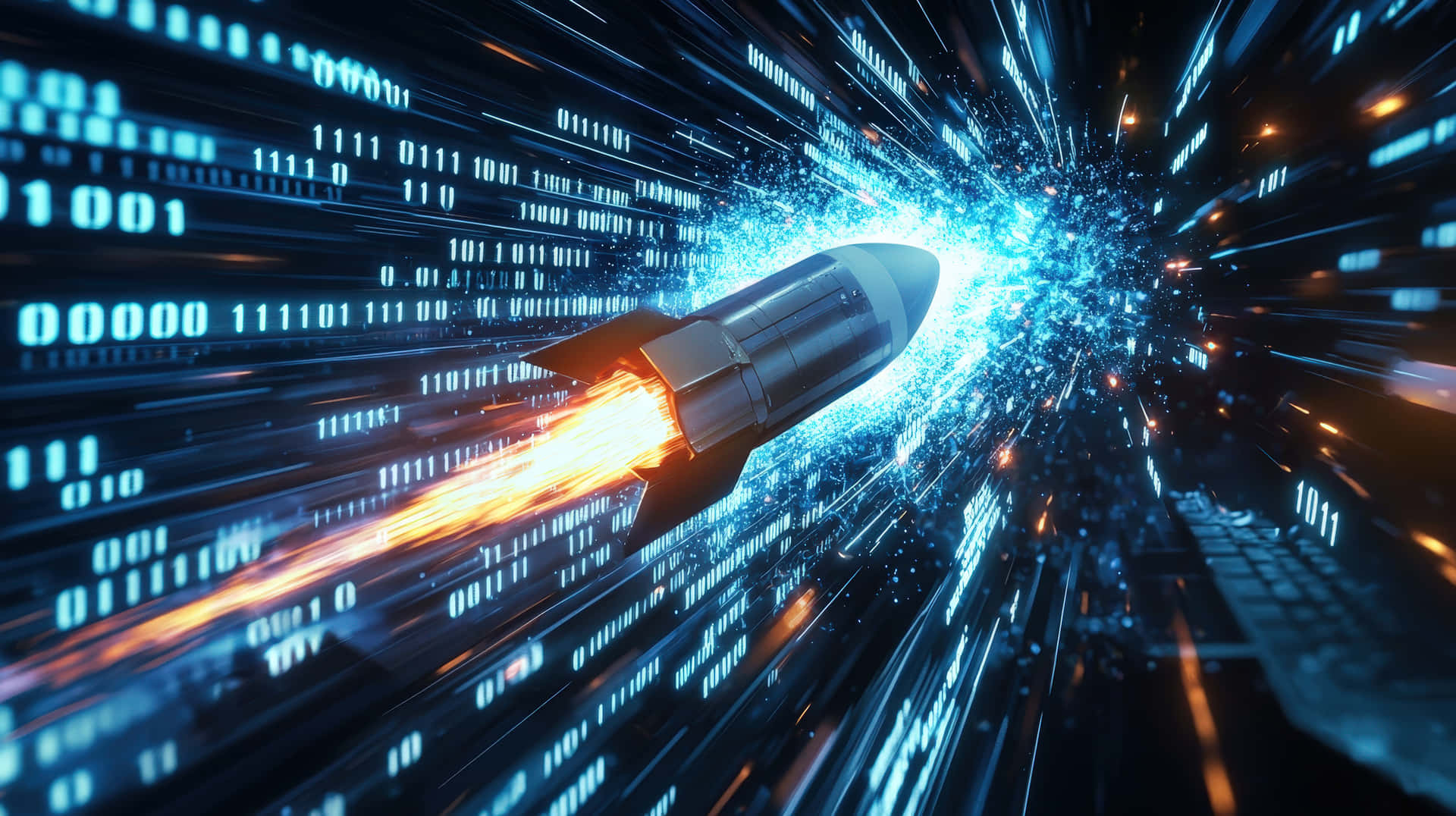 A high-speed rocket moves through glowing data streams, symbolizing innovation, AI 壁紙 — 一枚火箭穿過一個由發光二進制代碼組成的數位隧道，帶有火橙色排氣和電藍色光跡。