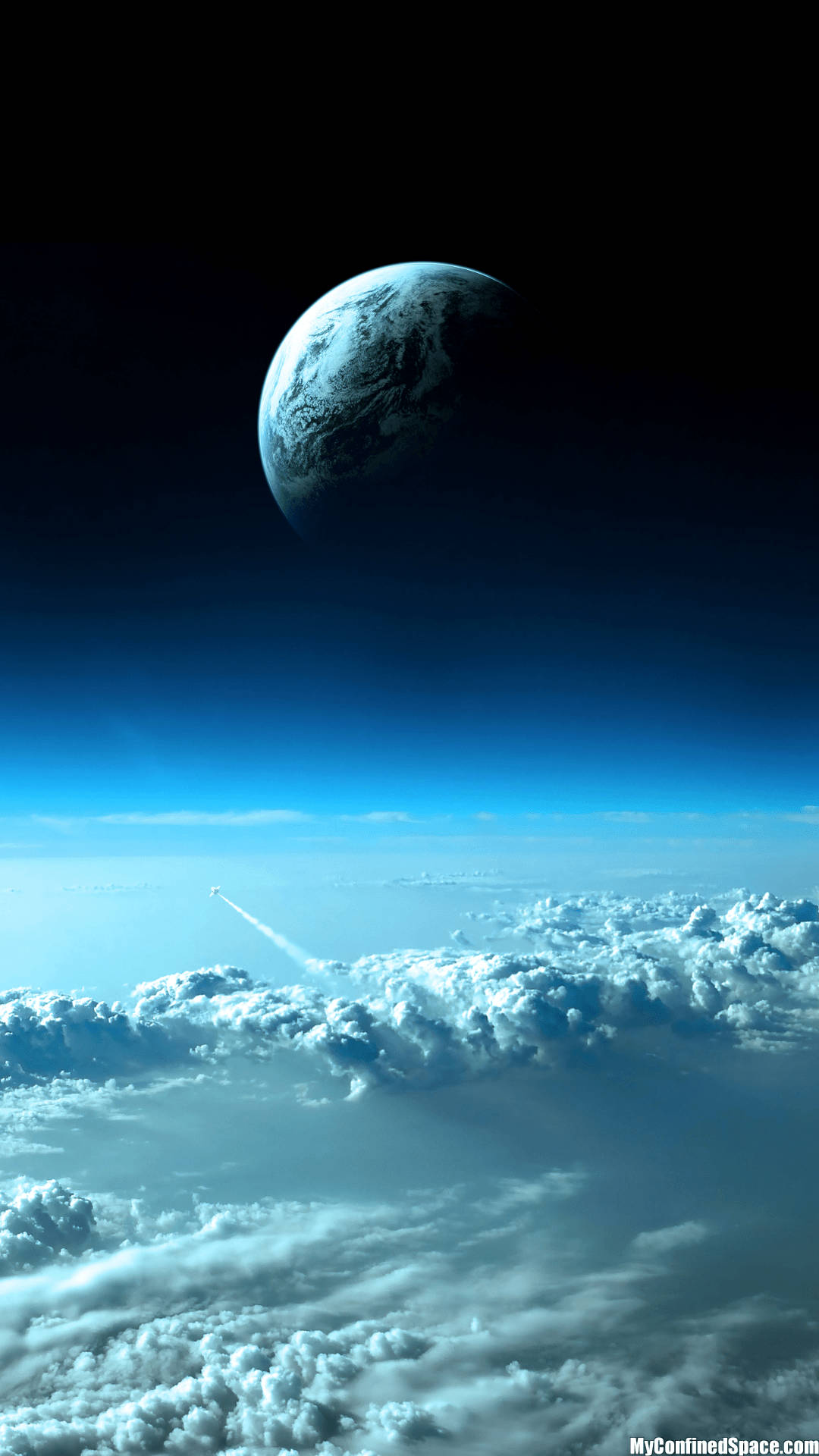 直式 桌布 壁紙 — 一枚火箭穿過雲層，朝向懸掛在黑暗宇宙中的發光藍色行星疾馳。