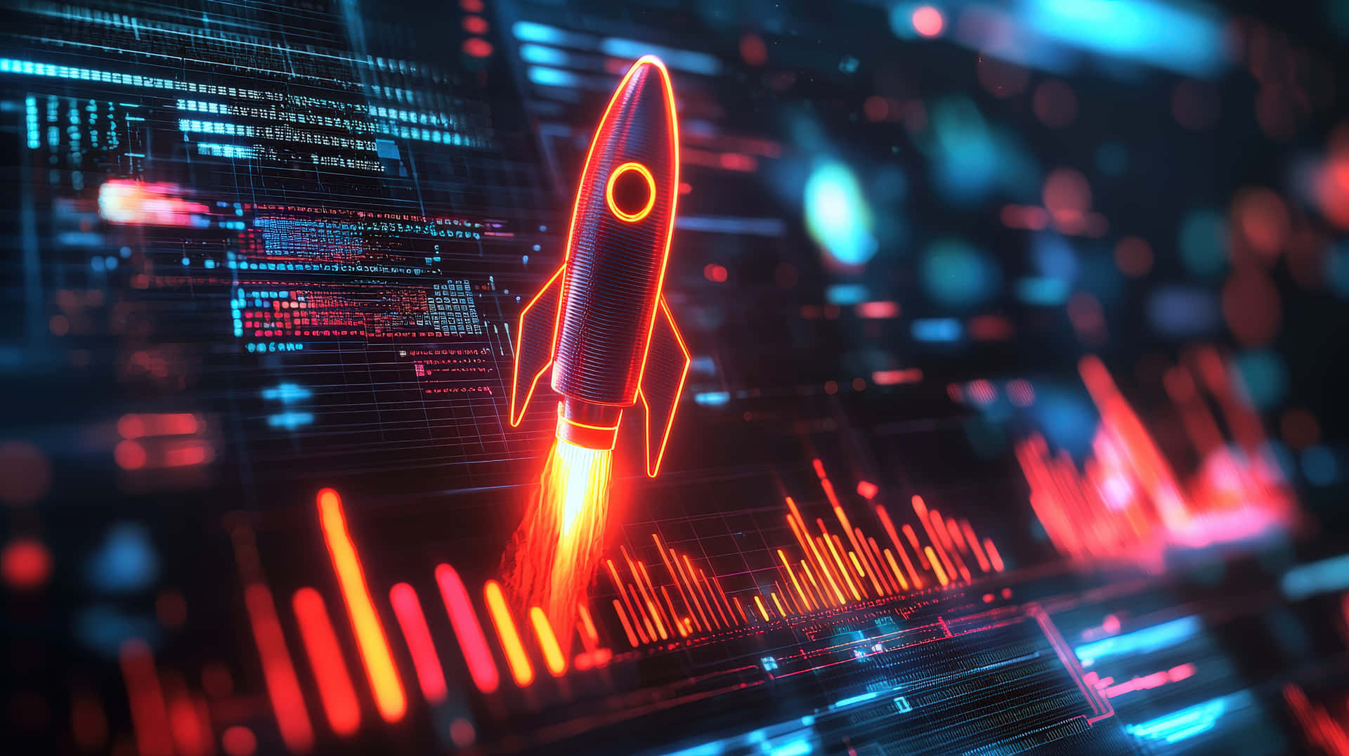 A sleek rocket glowing in a futuristic cyber data world, symbolizing high-tech advancements, AI 壁紙 — 一枚發光的橙色火箭從一個帶有霓虹藍和紅色數據流的數字圖表中向上發射。