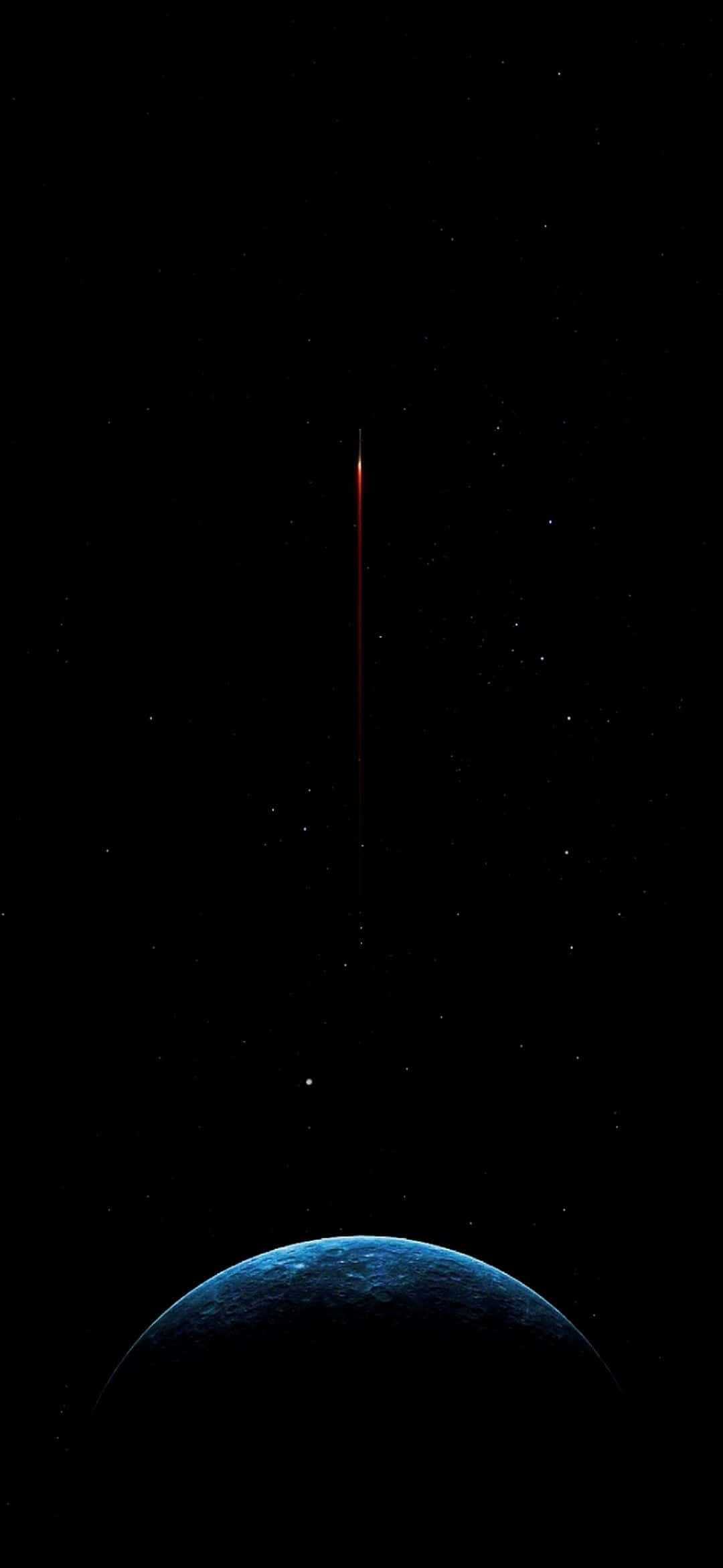 Pixel 3xl Oled 桌布 壁紙 — 一枚發光的紅色火箭穿過星空，在藍色行星彎曲的地平線上方上升。
