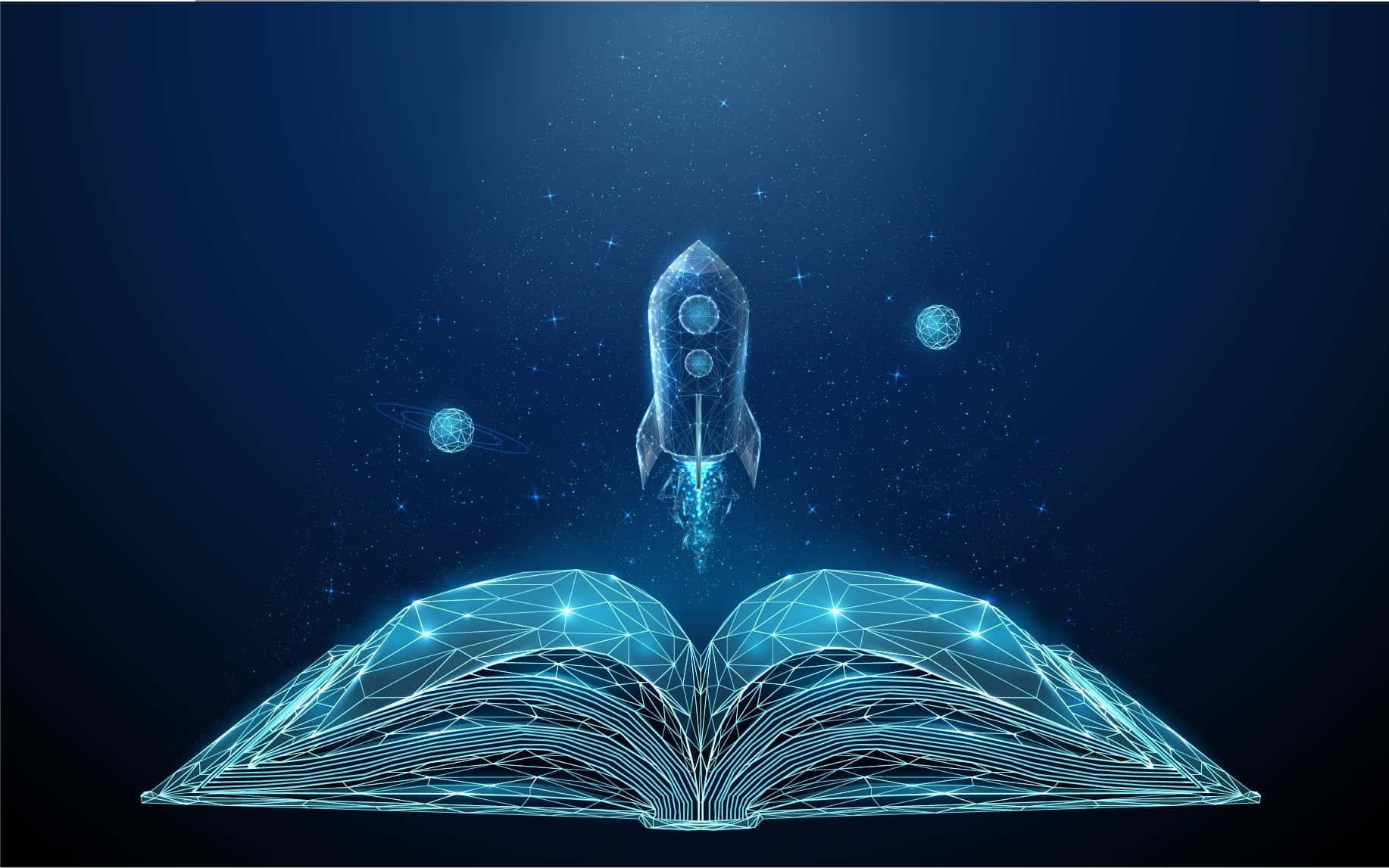 astronomy 桌布 壁紙 — 一枚發光的藍色火箭從一本打開的書中發射，進入一個有行星和星星的星空宇宙天空。