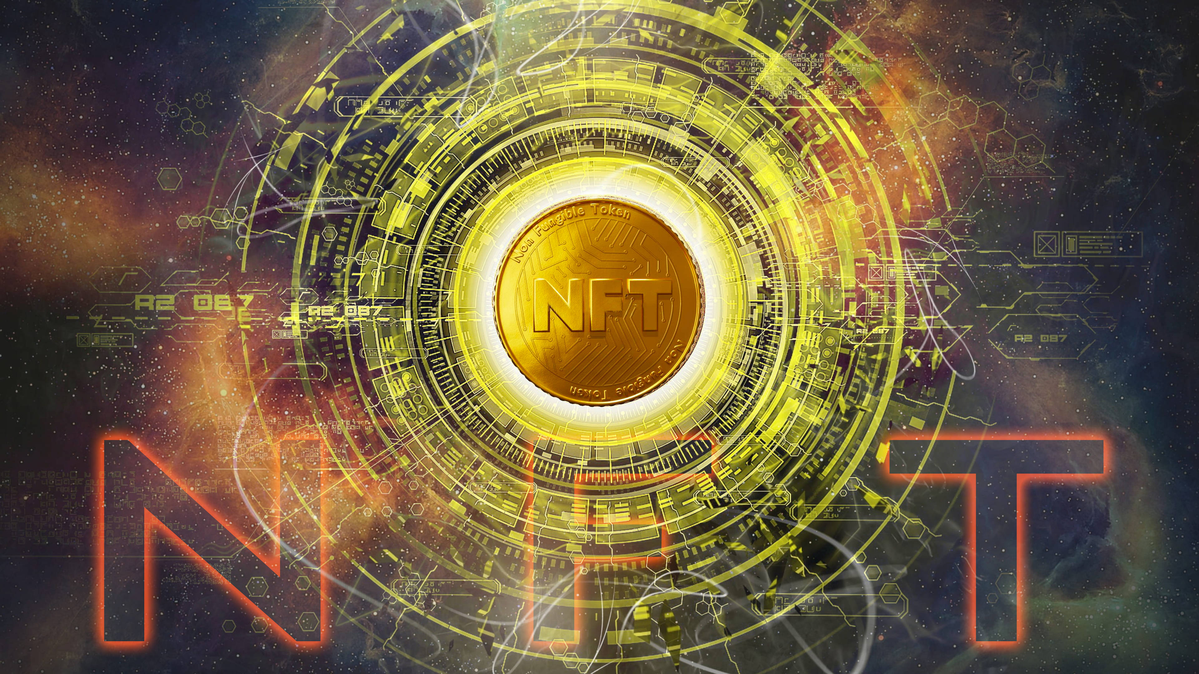 NFT 桌布 壁紙 — 一枚發光的金色NFT硬幣在一個未來數位傳送門的中心脈動，背景是帶有霓虹電路的宇宙星場。