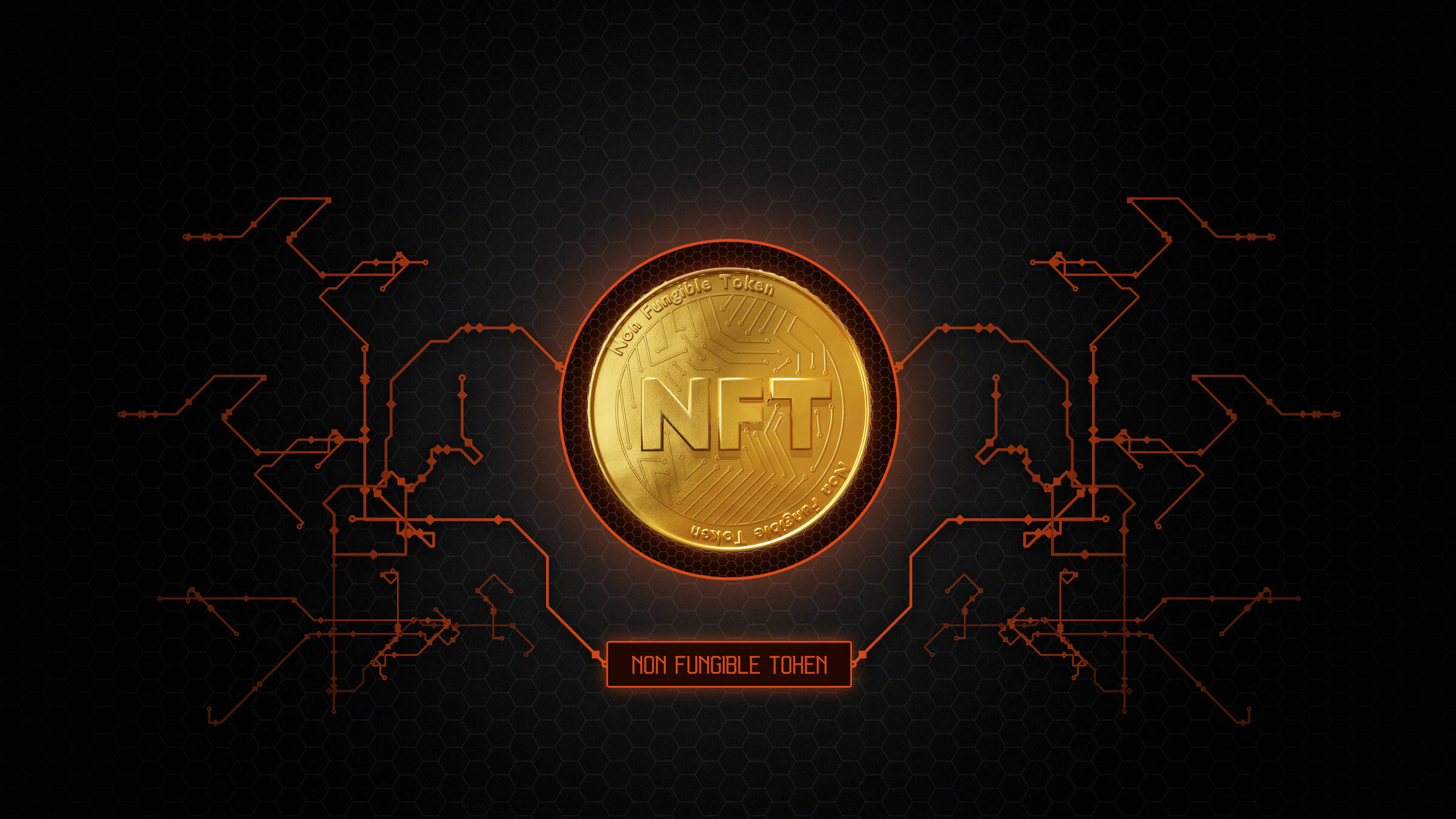 NFT 桌布 壁紙 — 一枚發光的金色NFT硬幣在深色六邊形網格背景上脈動著橙色電路。