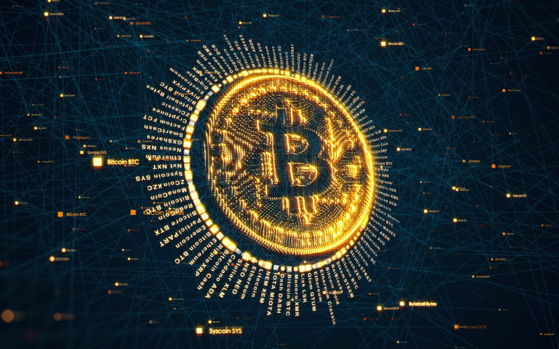 比特幣 桌布 壁紙 — 一枚發光的金色比特幣在深藍色數位網路中心脈動，帶有發光節點和加密貨幣標籤。