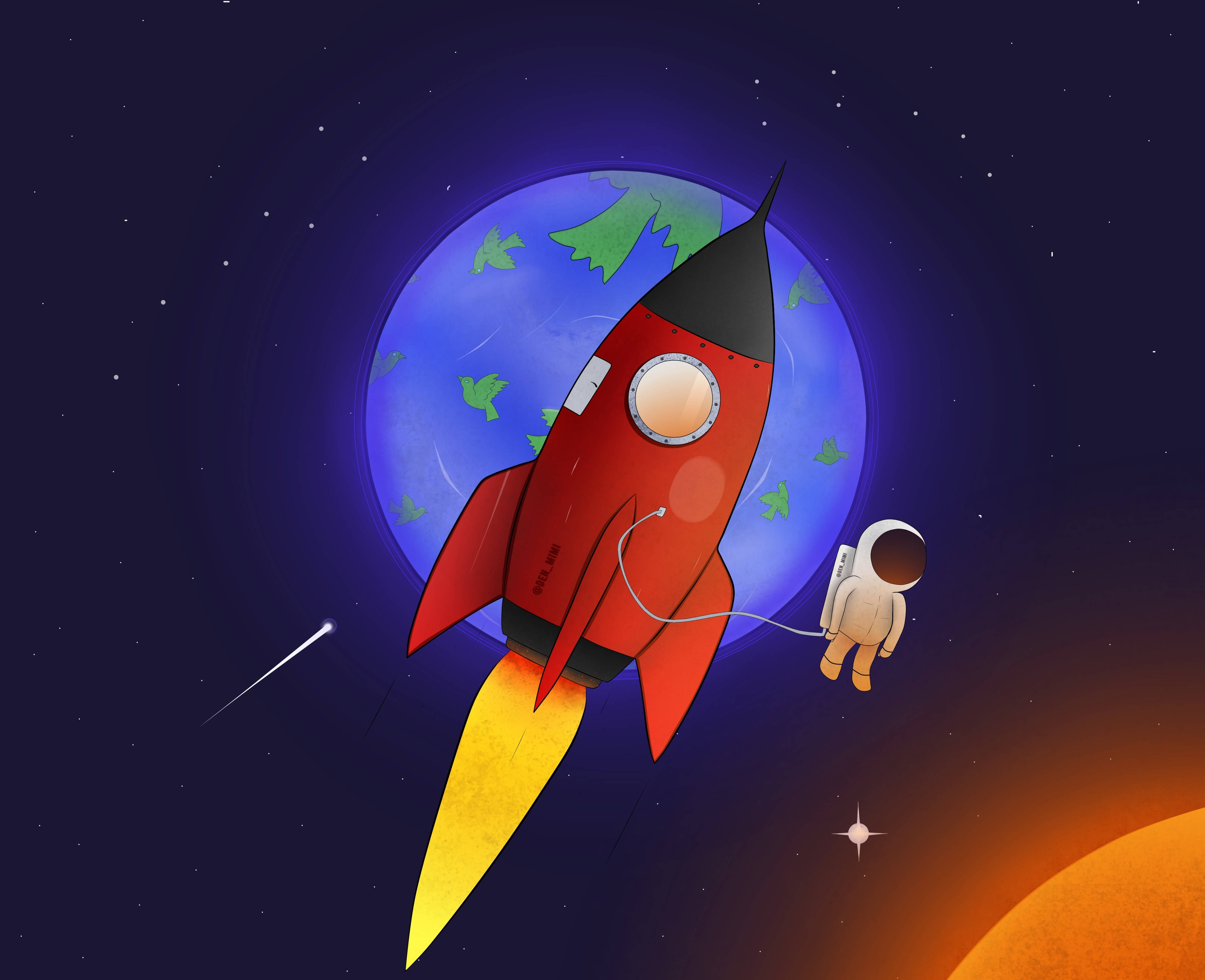 火箭 桌布 壁紙 — 一枚紅色火箭搭載著漂浮的太空人，從地球發射，背景是星光燦爛的宇宙和一個發光的橙色星球。