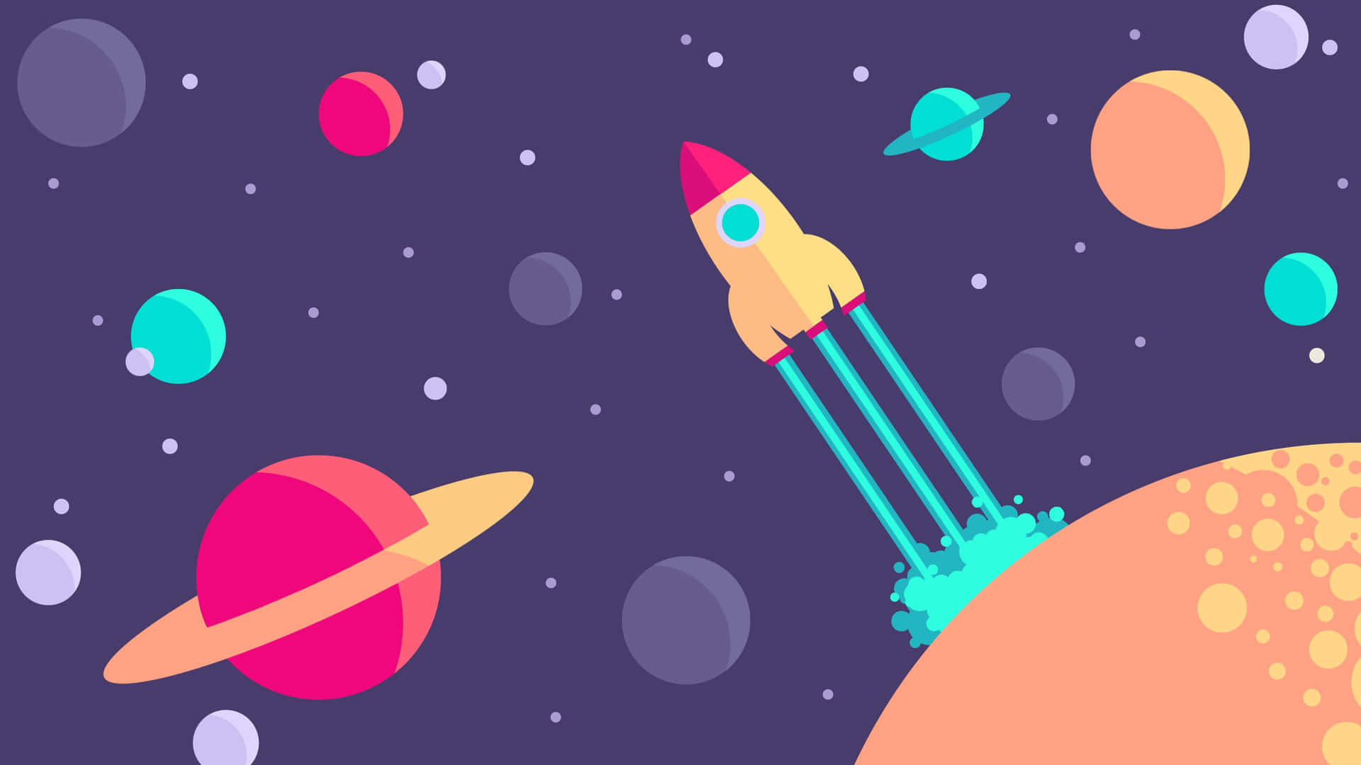 Cartoon Space 桌布 壁紙 — 一枚色彩繽紛的卡通火箭從一個被鮮豔行星和星星環繞的星球上發射，營造出一個有趣的太空場景。