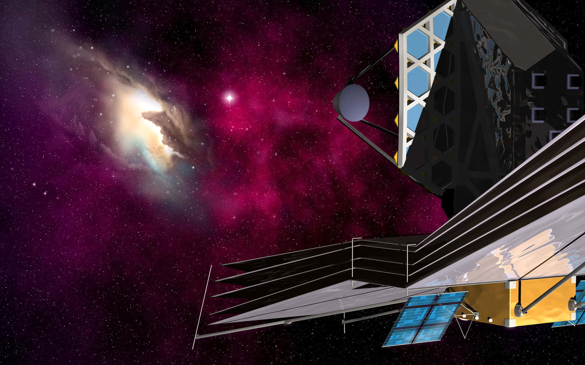 Telescope 桌布 壁紙 — 一枚配備太陽能板的未來衛星，在紫色星雲和閃爍恆星的鮮豔宇宙背景下運行。