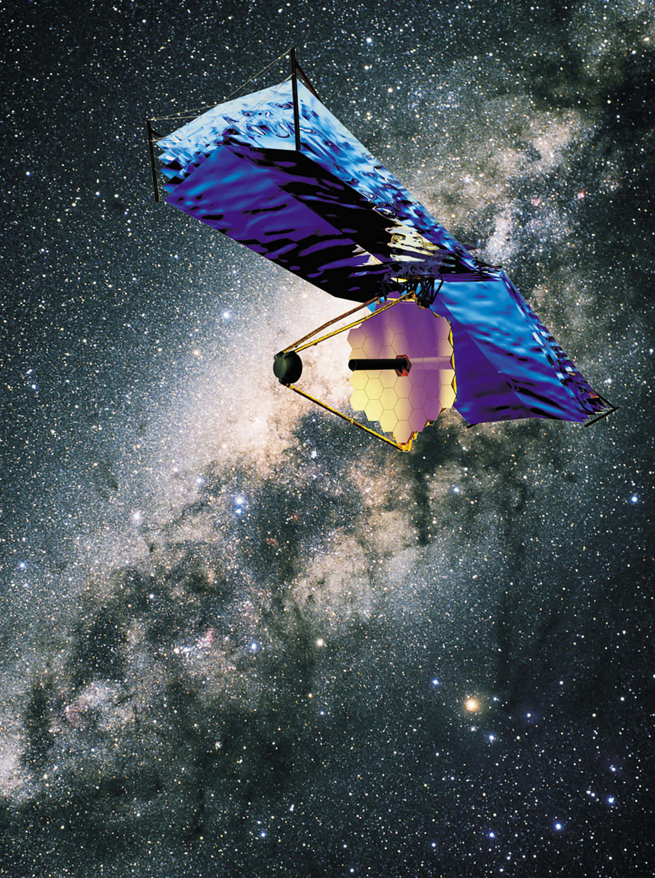 Telescope 桌布 壁紙 — 一枚配備藍色太陽能板的未來衛星，在星羅棋布的星系中滑行，背景是宇宙星空。