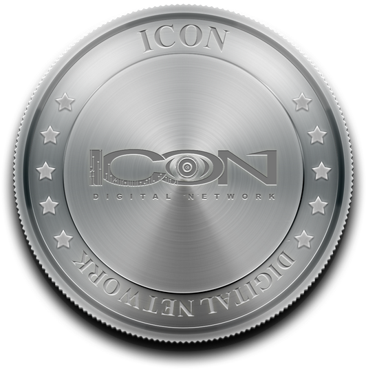 Coin 桌布 壁紙 — 一枚金屬銀幣，邊緣有浮雕的 'ICON DIGITAL NETWORK' 文字和星星。