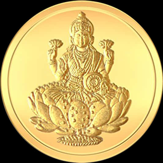 Gold Coin 桌布 壁紙 — 一枚金幣上有一個精細浮雕的神祇坐在蓮花上，手持象徵性物品，背景為黑色。
