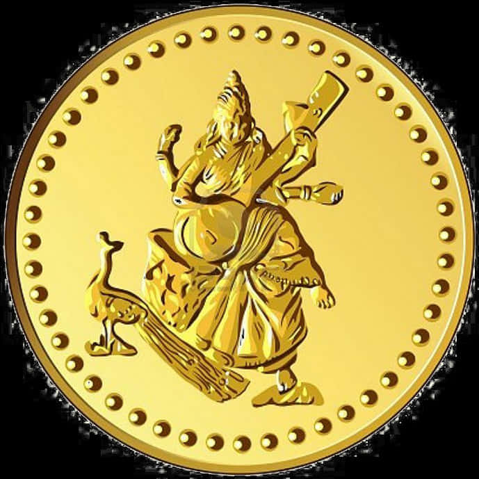 Gold Coin 桌布 壁紙 — 一枚金幣上有一個細節豐富的浮雕神祇，手持武器，腳邊有一隻孔雀。