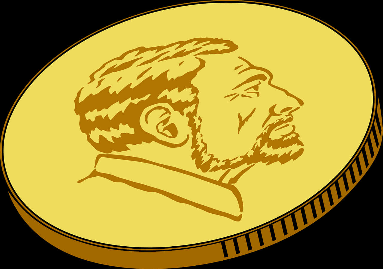Coins 桌布 壁紙 — 一枚金幣上有一個鬍鬚男子的風格化側面輪廓，以大膽的線條藝術設計呈現在黑色背景上。