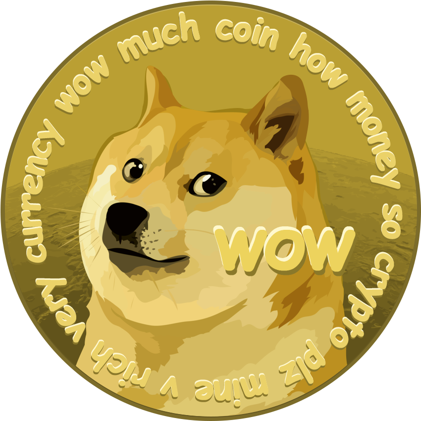Dogecoin Logo 桌布 壁紙 — 一枚金幣上有一隻柴犬，邊緣有「WOW」字樣及加密貨幣相關短語。