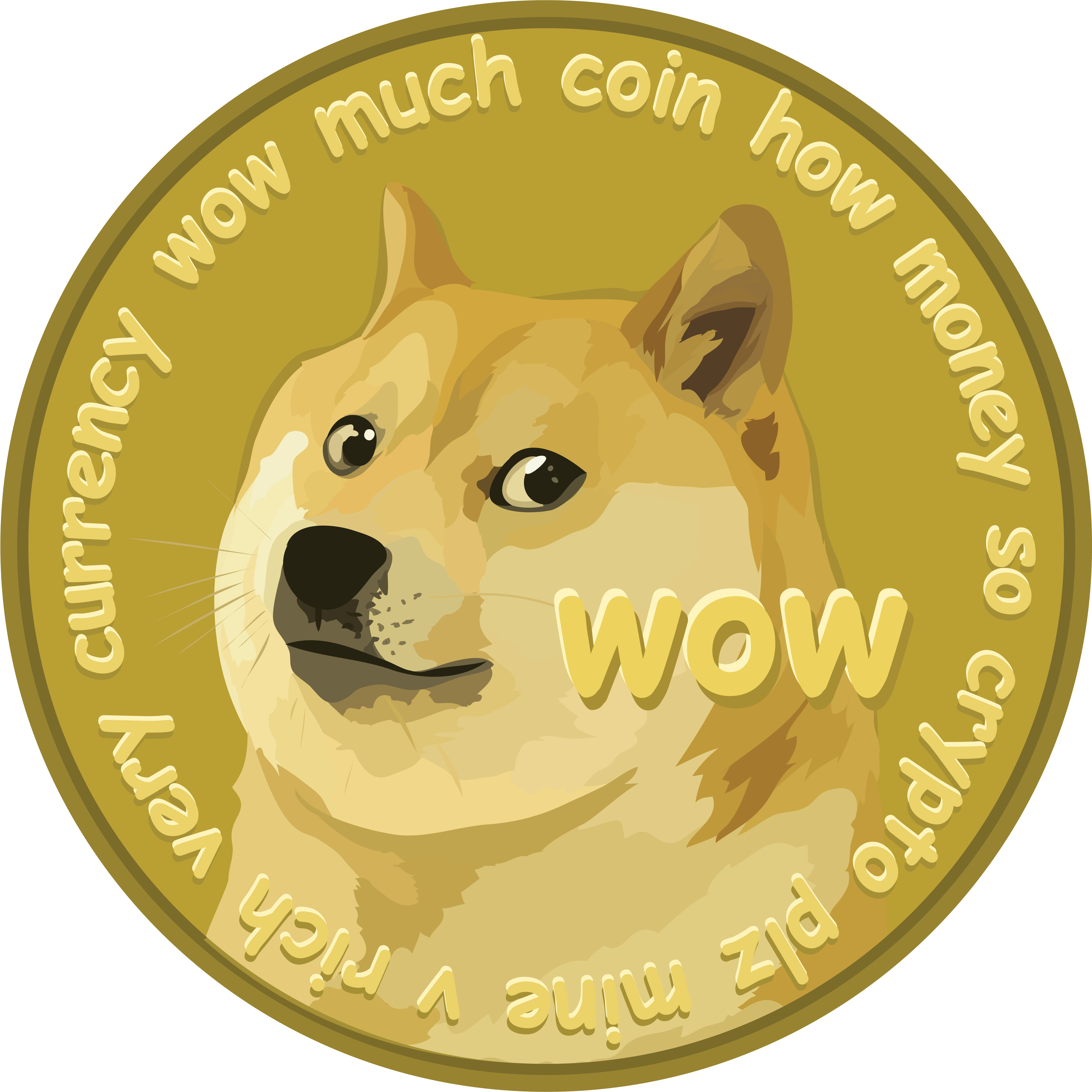 狗狗幣 桌布 壁紙 — 一枚金幣上有一隻柴犬，邊緣有 WOW 字樣及加密貨幣相關文字。