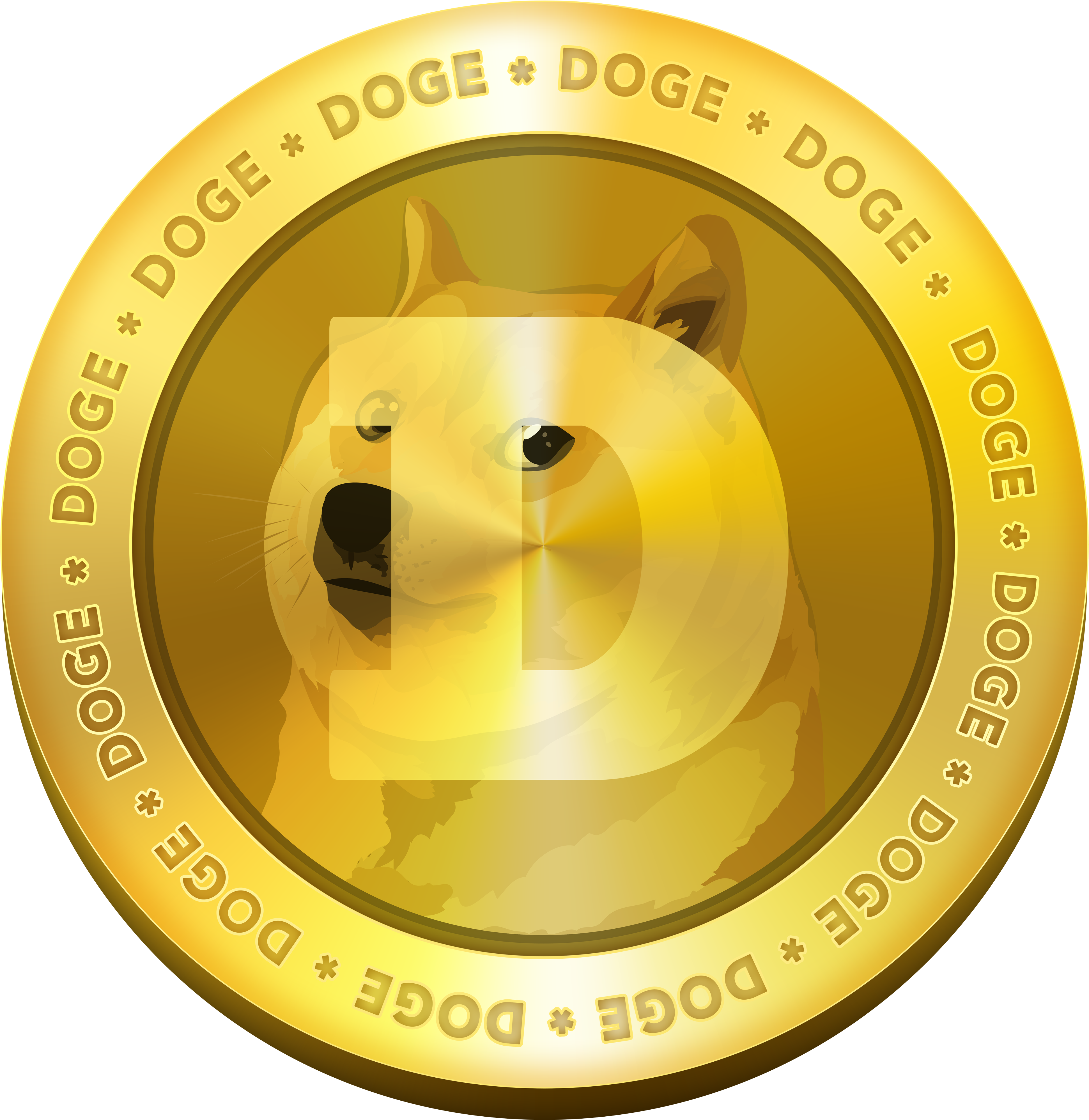 Dogecoin 桌布 壁紙 — 一枚金色 Dogecoin 代幣，上面有柴犬臉孔，疊加字母 D，邊緣重複 'DOGE'。