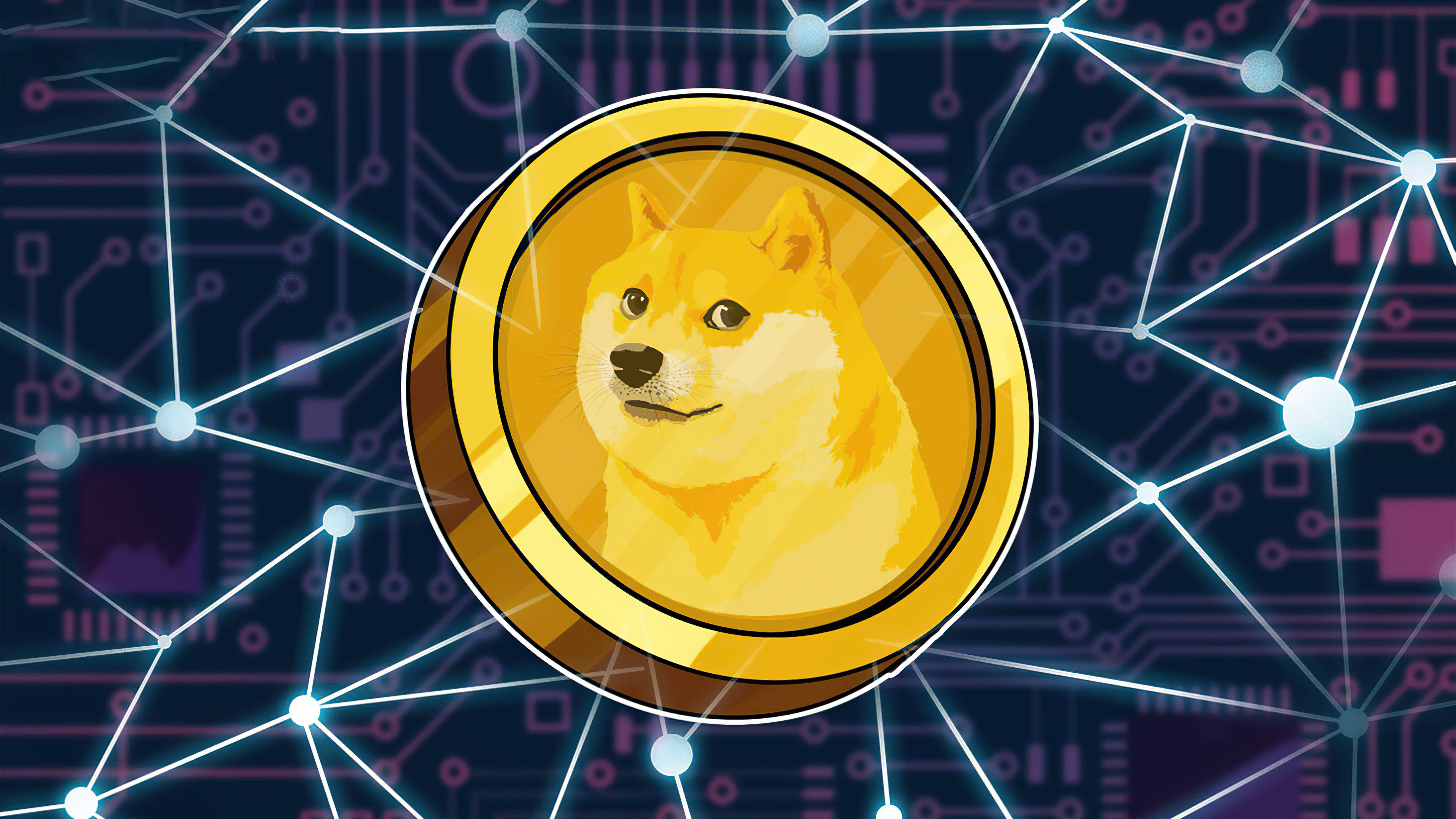 Dogecoin 桌布 壁紙 — 一枚金色Dogecoin，中央有一隻柴犬，位於發光的數位電路板上，帶有互連節點。