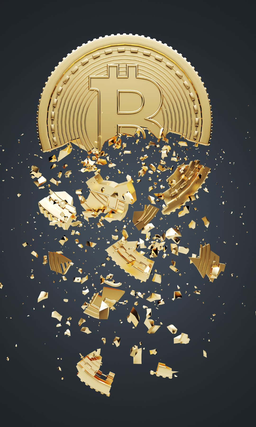 1080x1800 桌布 壁紙 — 一枚金色比特幣在黑暗背景上碎裂成閃爍的碎片。