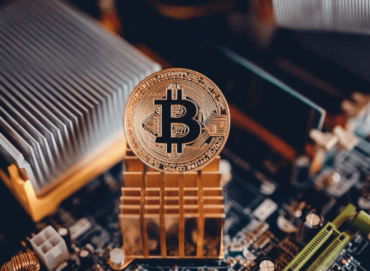 比特幣 桌布 壁紙 — 一枚金色比特幣硬幣放在電腦CPU散熱器上，電路板上有模糊的技術組件。