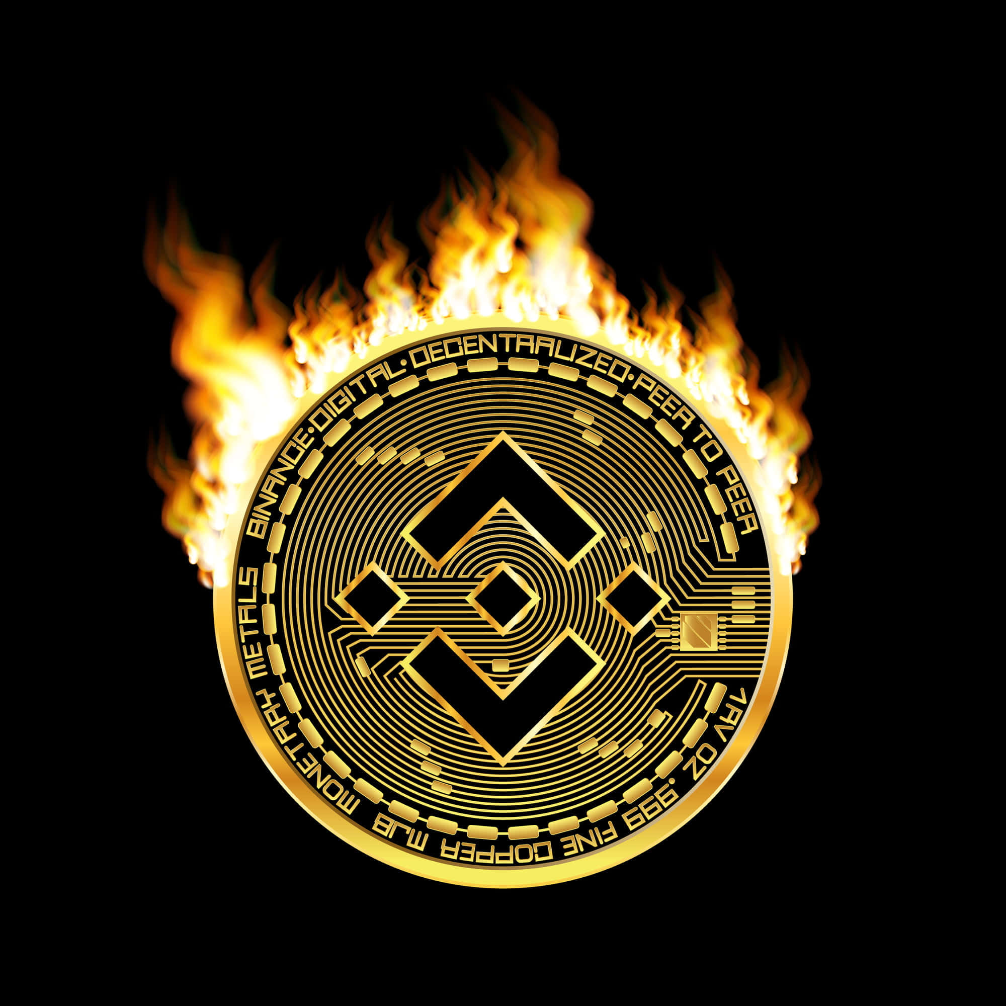 Binance 桌布 壁紙 — 一枚金色的Binance幣在黑色背景上燃燒著強烈的火焰，發出電路般的圖案光芒。