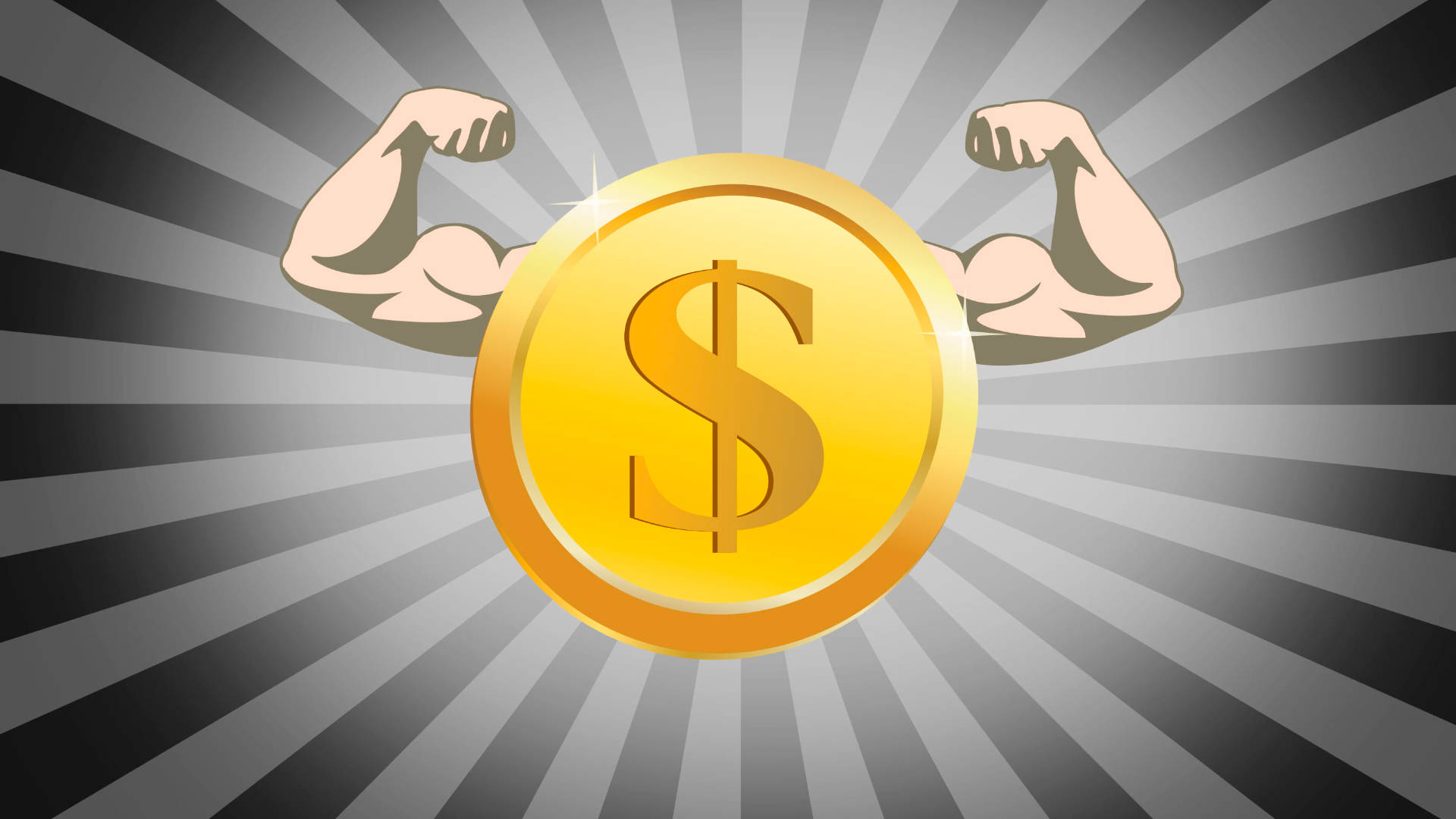 Money 桌布 壁紙 — 一枚金色美元硬幣在放射狀灰色背景上彎曲肌肉發達的手臂。