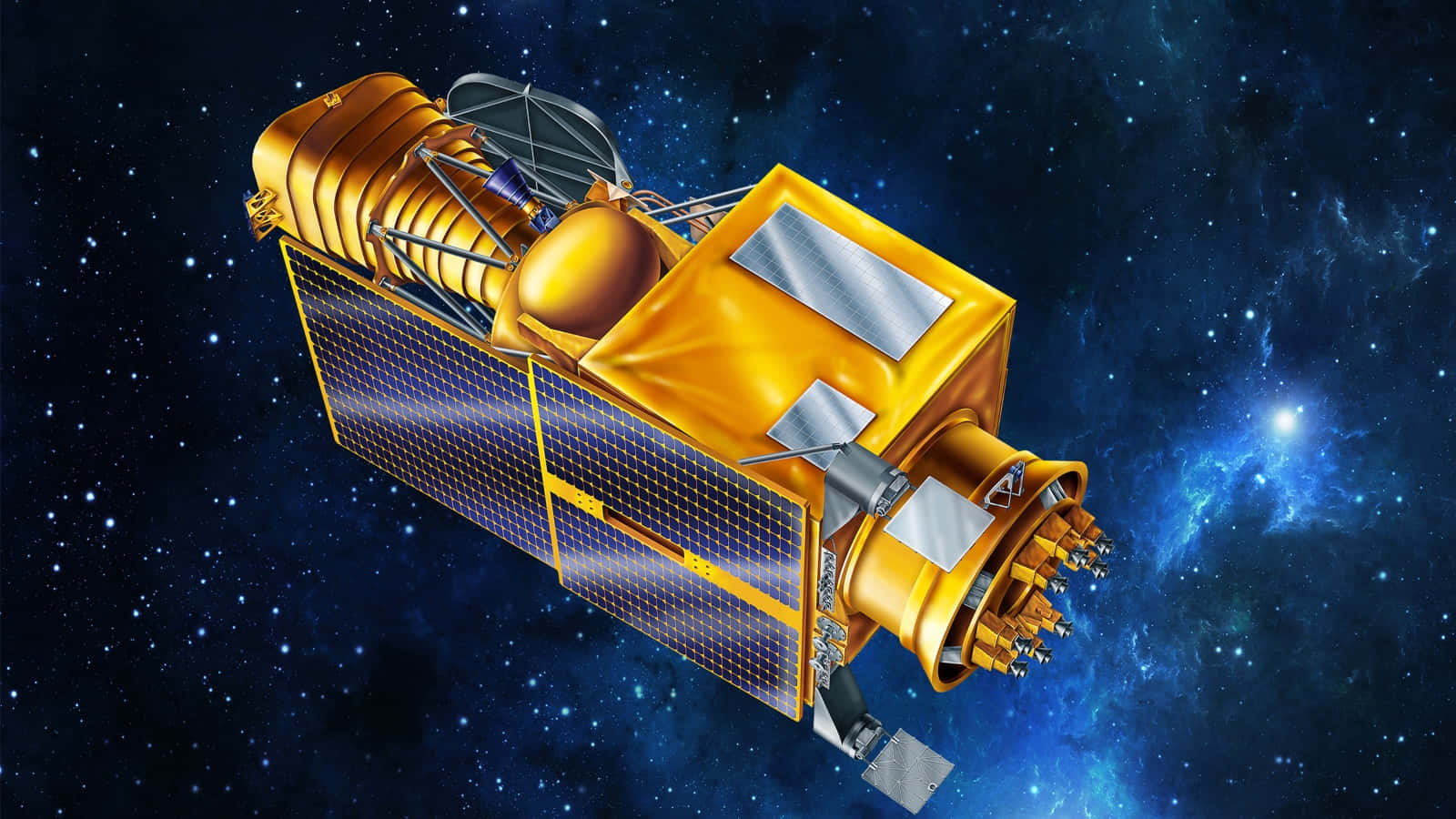 astronomy 桌布 壁紙 — 一枚金色衛星帶有太陽能板，在星光燦爛的宇宙中，於發光的藍色星雲旁邊滑行。