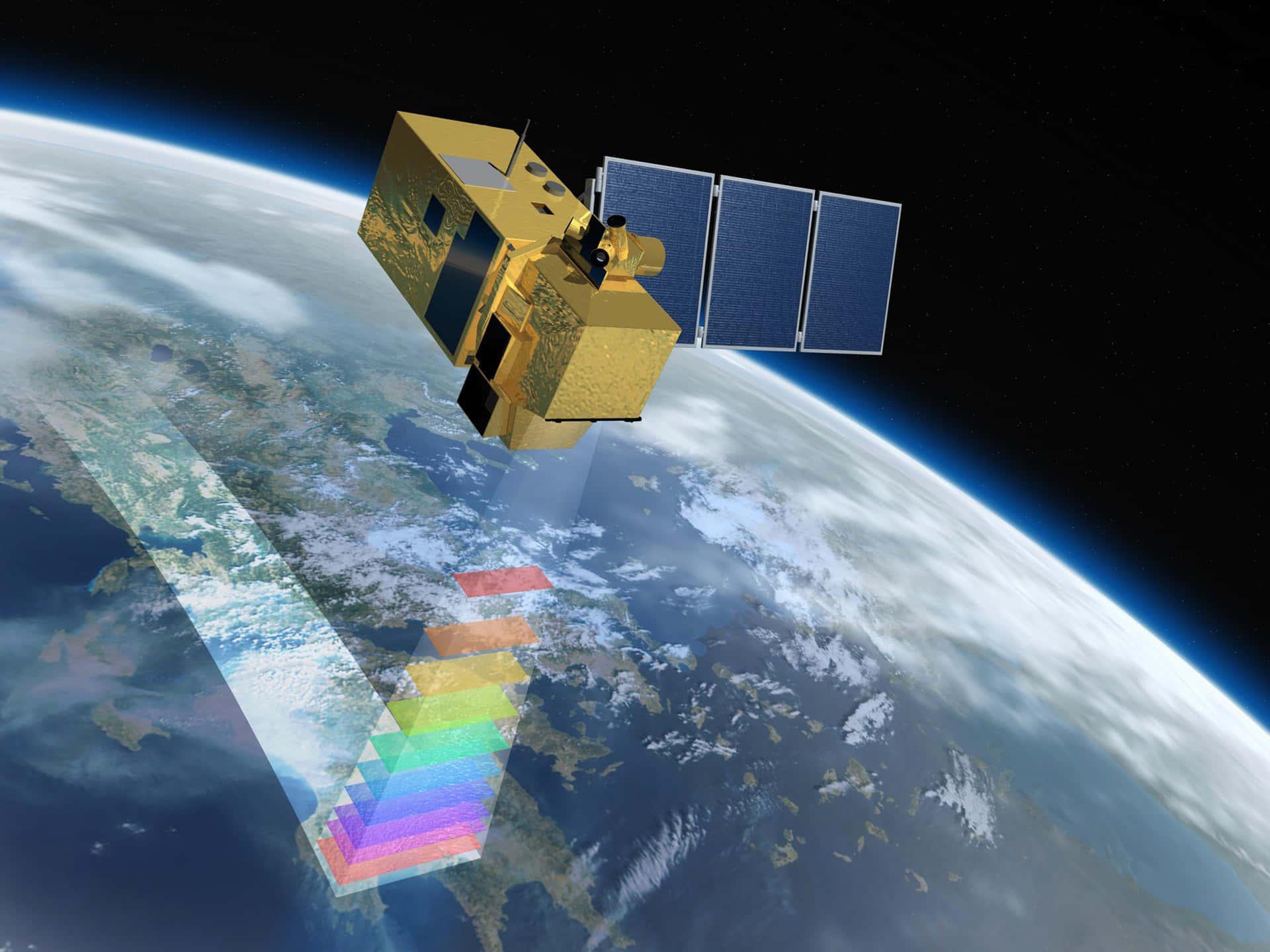 Satellite 桌布 壁紙 — 一枚金色衛星帶有太陽能板環繞地球，投射出彩虹光譜覆蓋大陸和海洋。