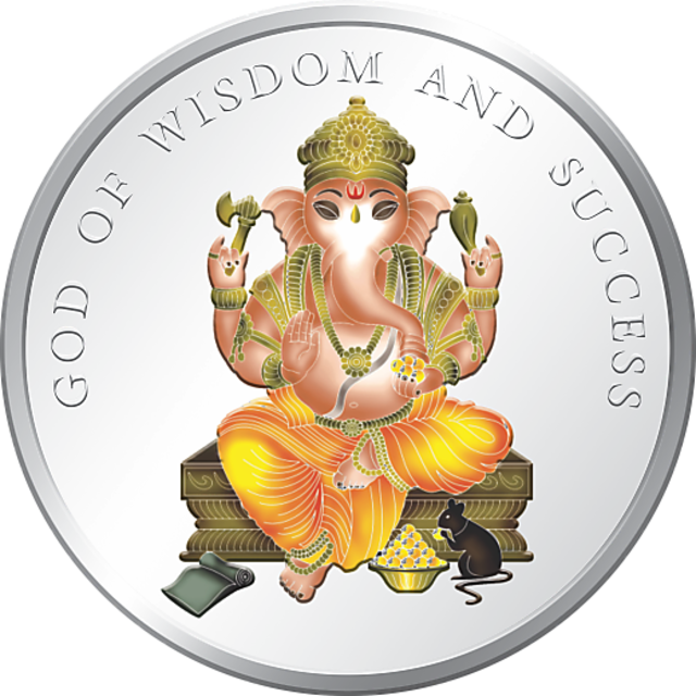 Hinduism 桌布 壁紙 — 一枚銀幣上描繪了象頭神坐在寶座上，旁邊有一隻老鼠的生動畫面。
