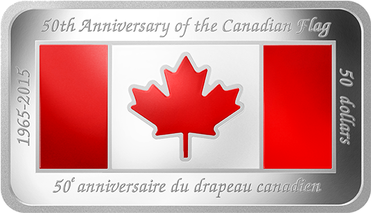 Canadian 桌布 壁紙 — 一枚銀色紀念幣，慶祝加拿大國旗50週年，帶有紅色楓葉和雙語文字。
