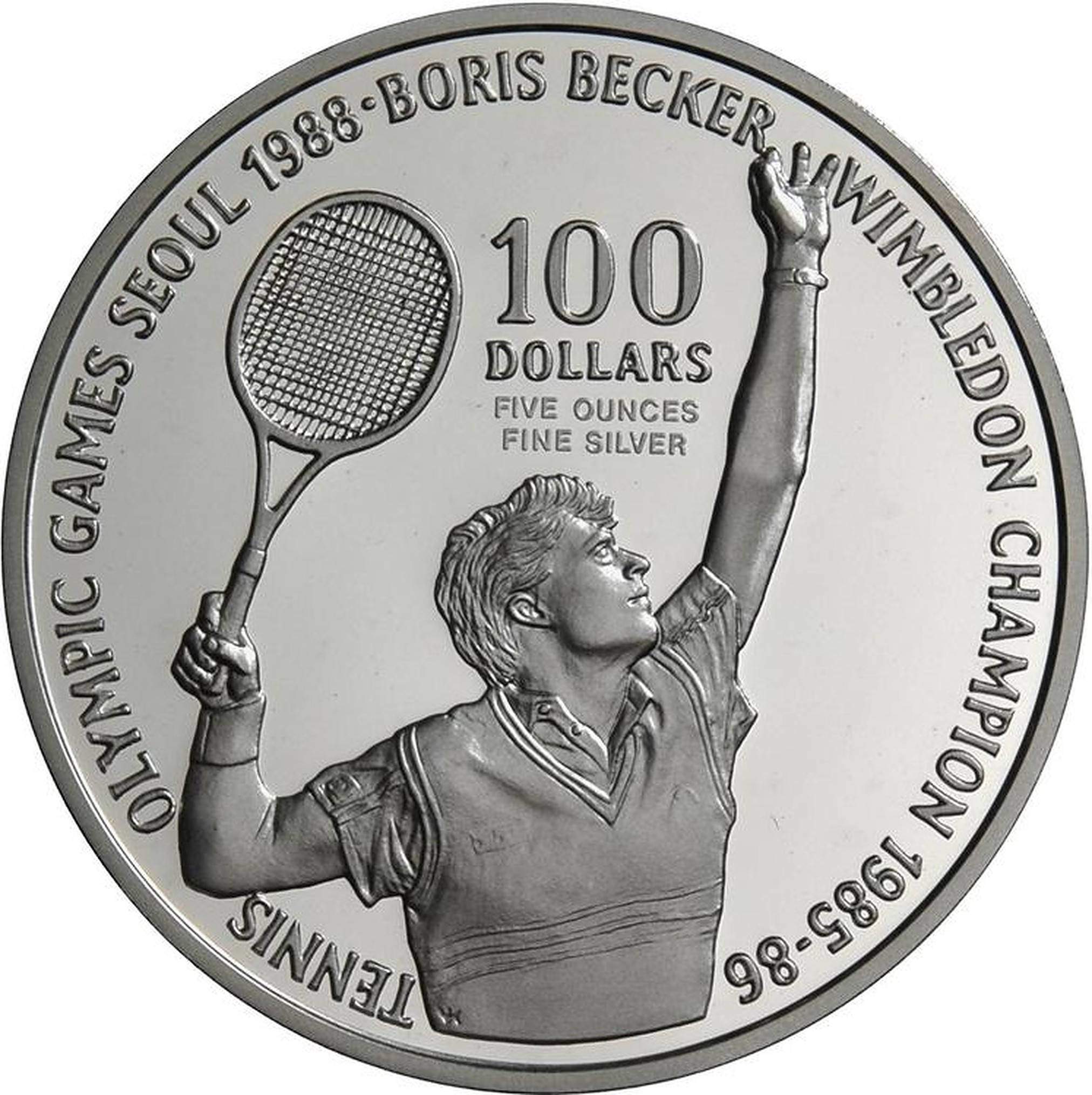 Boris Becker 桌布 壁紙 — 一枚銀質紀念幣描繪網球冠軍鮑里斯·貝克高舉球拍慶祝勝利。