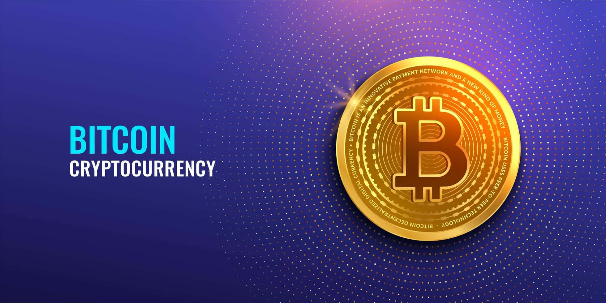Cryptocurrency 桌布 壁紙 — 一枚閃爍金色光芒、細節精緻的比特幣，漂浮在帶有圓點光效的藍紫漸變背景上。