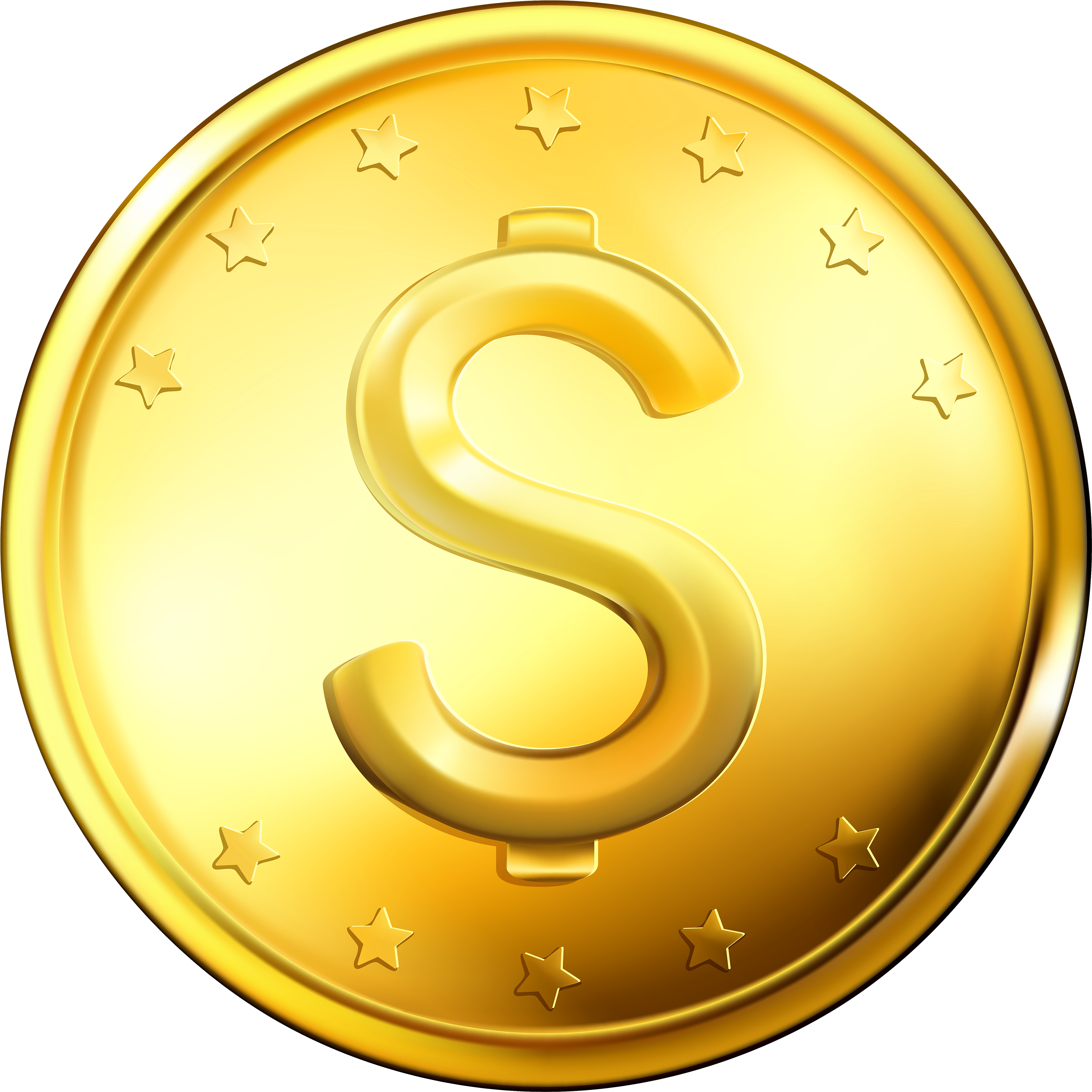Gold Coin 桌布 壁紙 — 一枚閃閃發光的金幣，在黑色背景上有一個突出的美元符號，周圍環繞著星星。