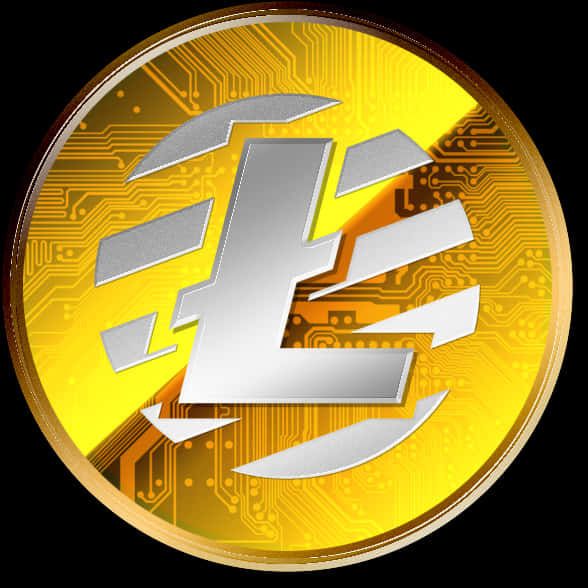 比特幣 桌布 壁紙 — 一枚閃閃發光的金幣，帶有銀色風格化的「E」標誌，置於發光的電路板背景上。