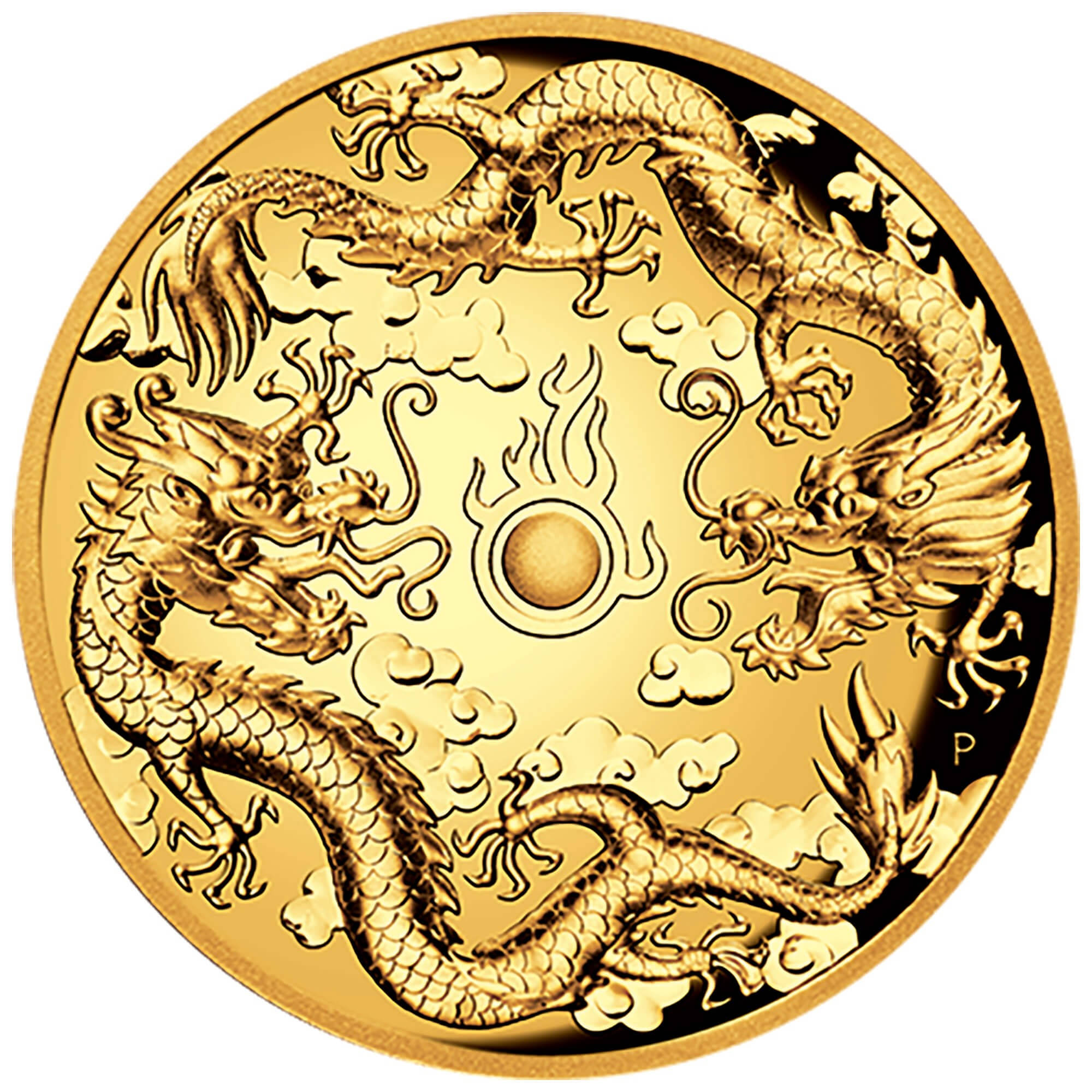 金龍 桌布 壁紙 — 一枚閃閃發光的金幣上，有兩條細節精緻的龍纏繞著中央的太陽，周圍雲霧繚繞。