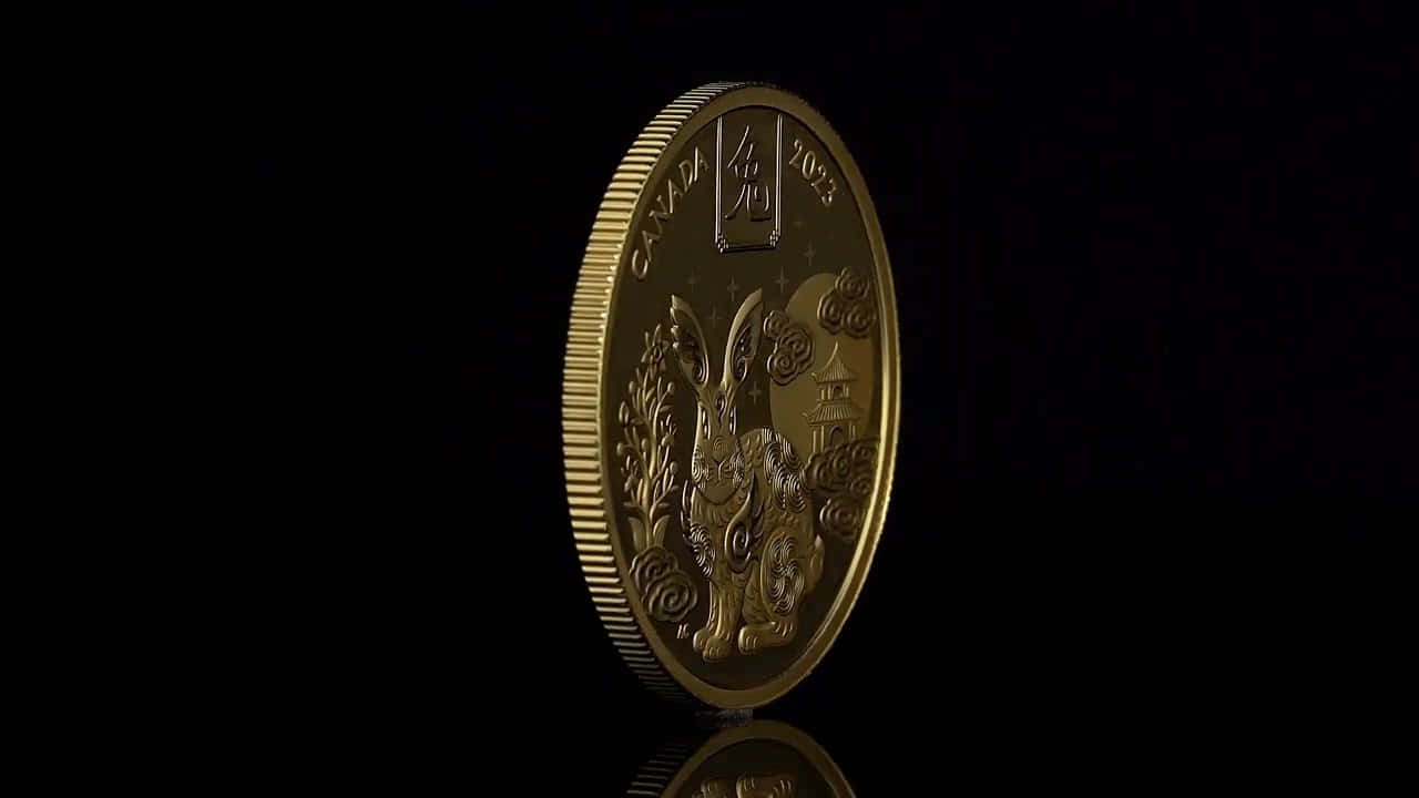 金錢 桌布 壁紙 — 一枚閃閃發光的金色加拿大2023兔年紀念幣，直立於帶有反射面的黑色背景前。