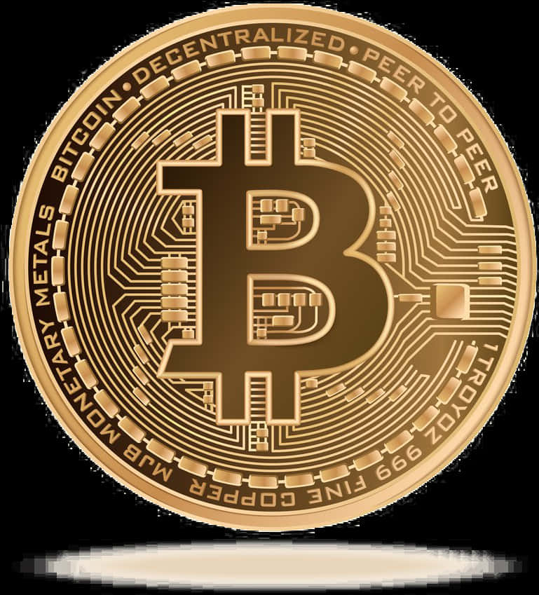 比特幣 桌布 壁紙 — 一枚閃閃發光的金色比特幣硬幣，帶有電路板圖案和銘文，背景為黑色。