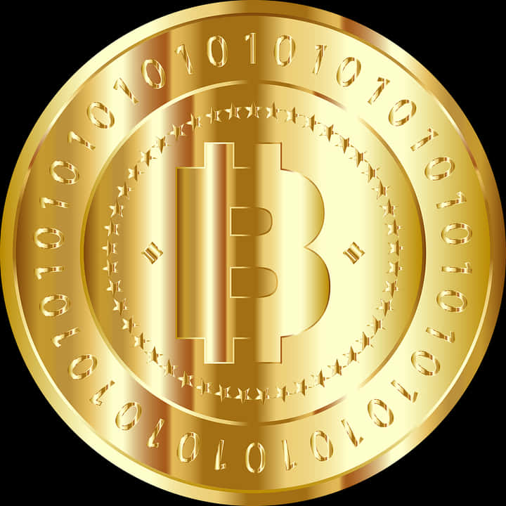 比特幣 桌布 壁紙 — 一枚閃閃發光的金色比特幣硬幣，帶有二進制代碼和星星，背景為黑色。