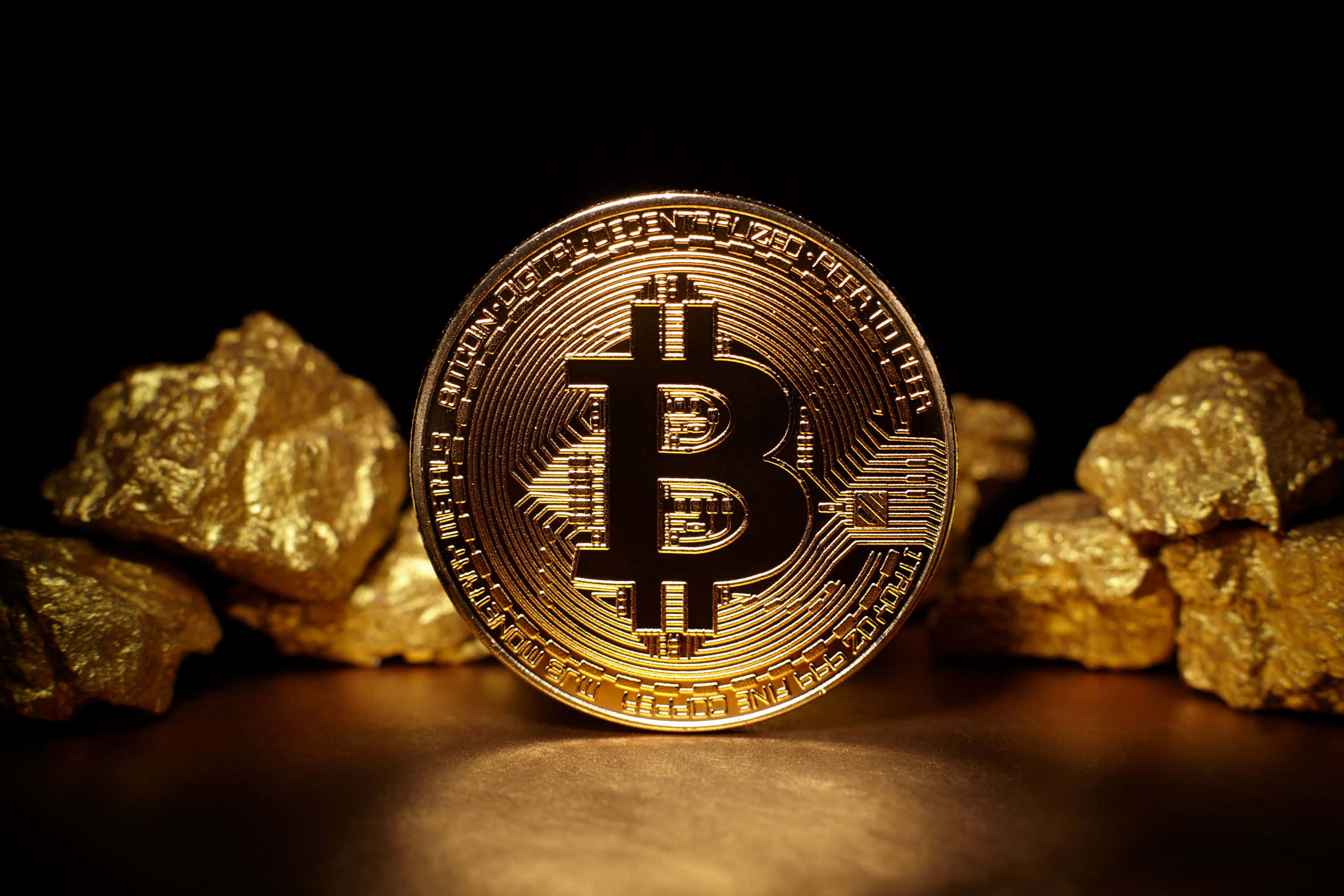 比特幣 桌布 壁紙 — 一枚閃閃發光的金色比特幣硬幣放在粗糙的金塊之間，在黑色背景上戲劇性的聚光燈下。
