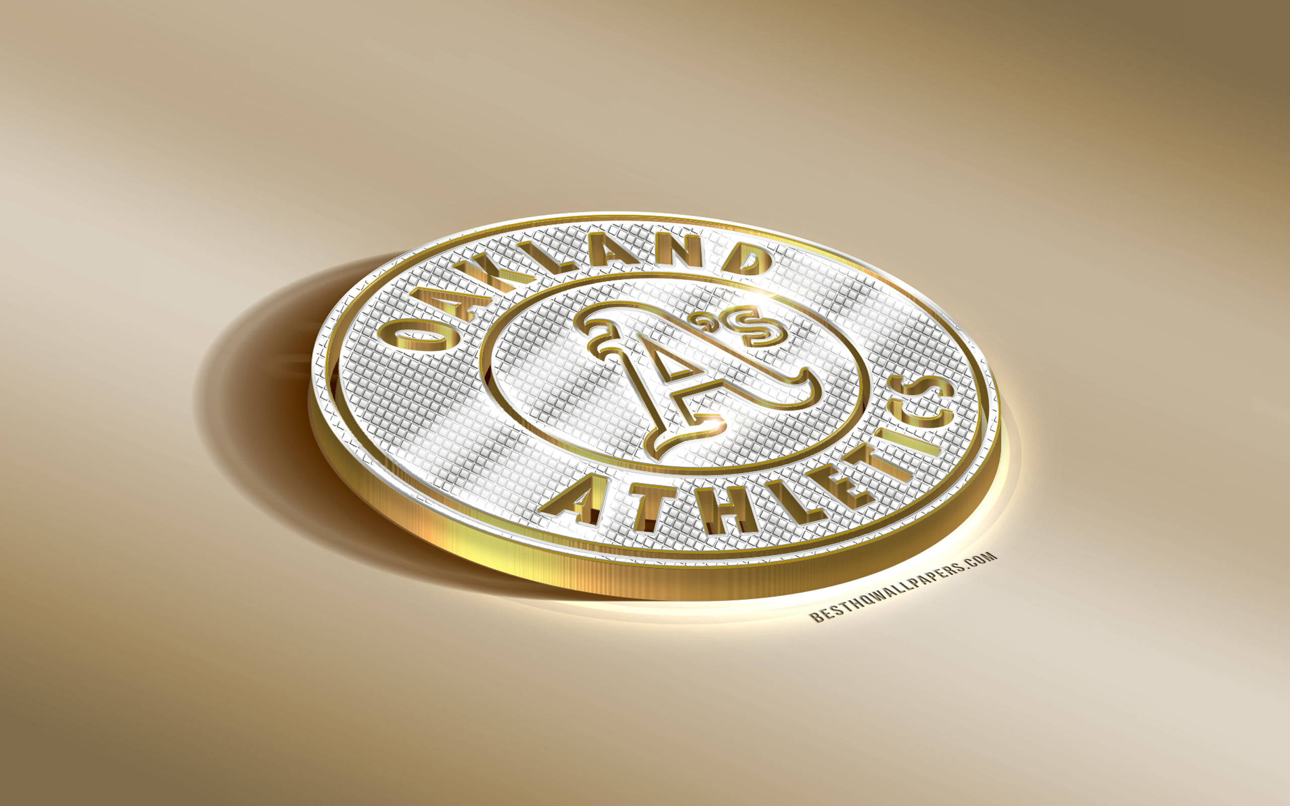 Athletics 桌布 壁紙 — 一枚閃閃發光的金銀色奧克蘭運動家隊硬幣標誌，放置在帶有逼真光影效果的柔和金色漸變表面上。